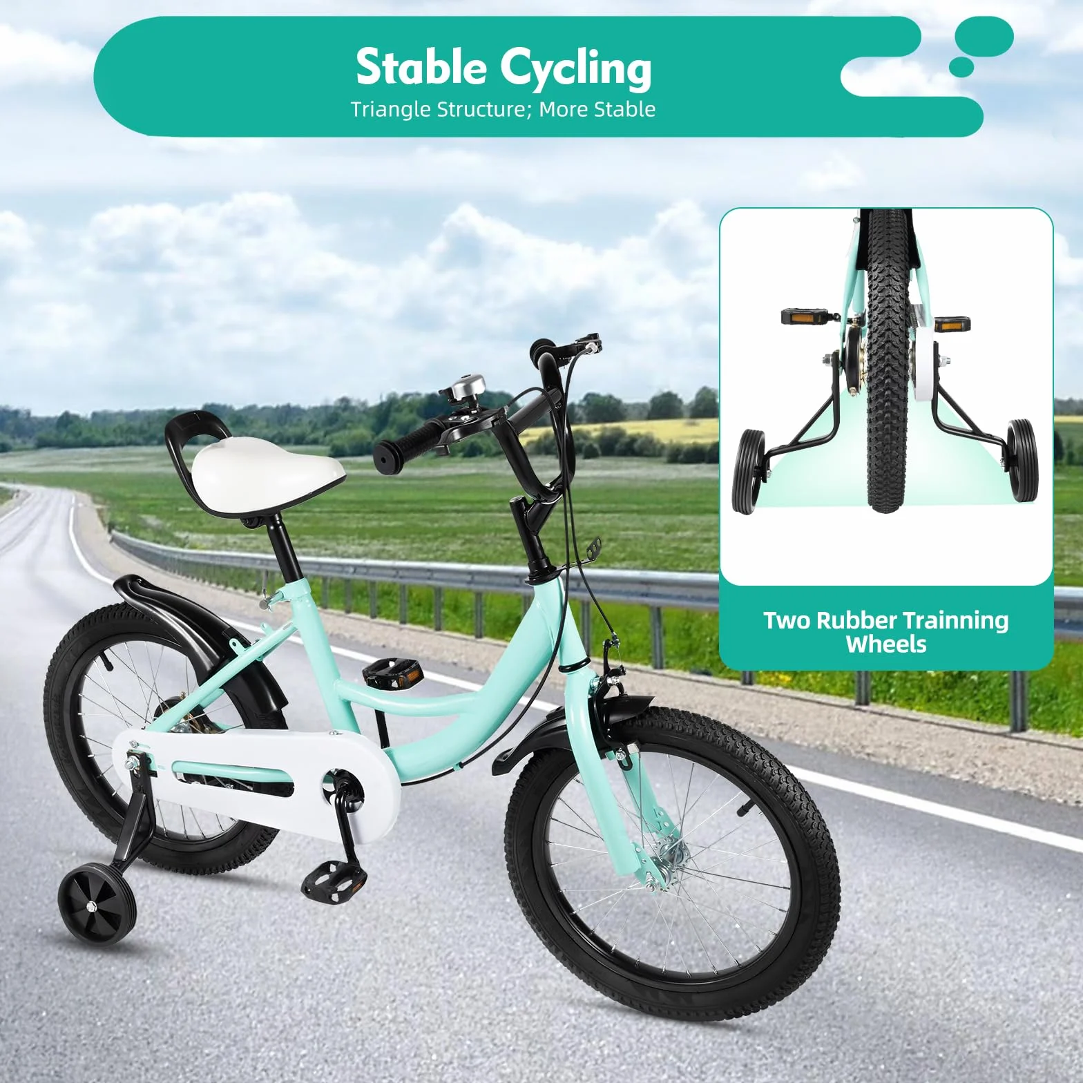 Bicicletta per bambini da 16 pollici, regolabile in altezza, con ruote di supporto e parafanghi, comoda sella per principianti, bicicletta per ragazzi e ragazze dai 5 ai 8 anni, altezza 105 – 135 cm