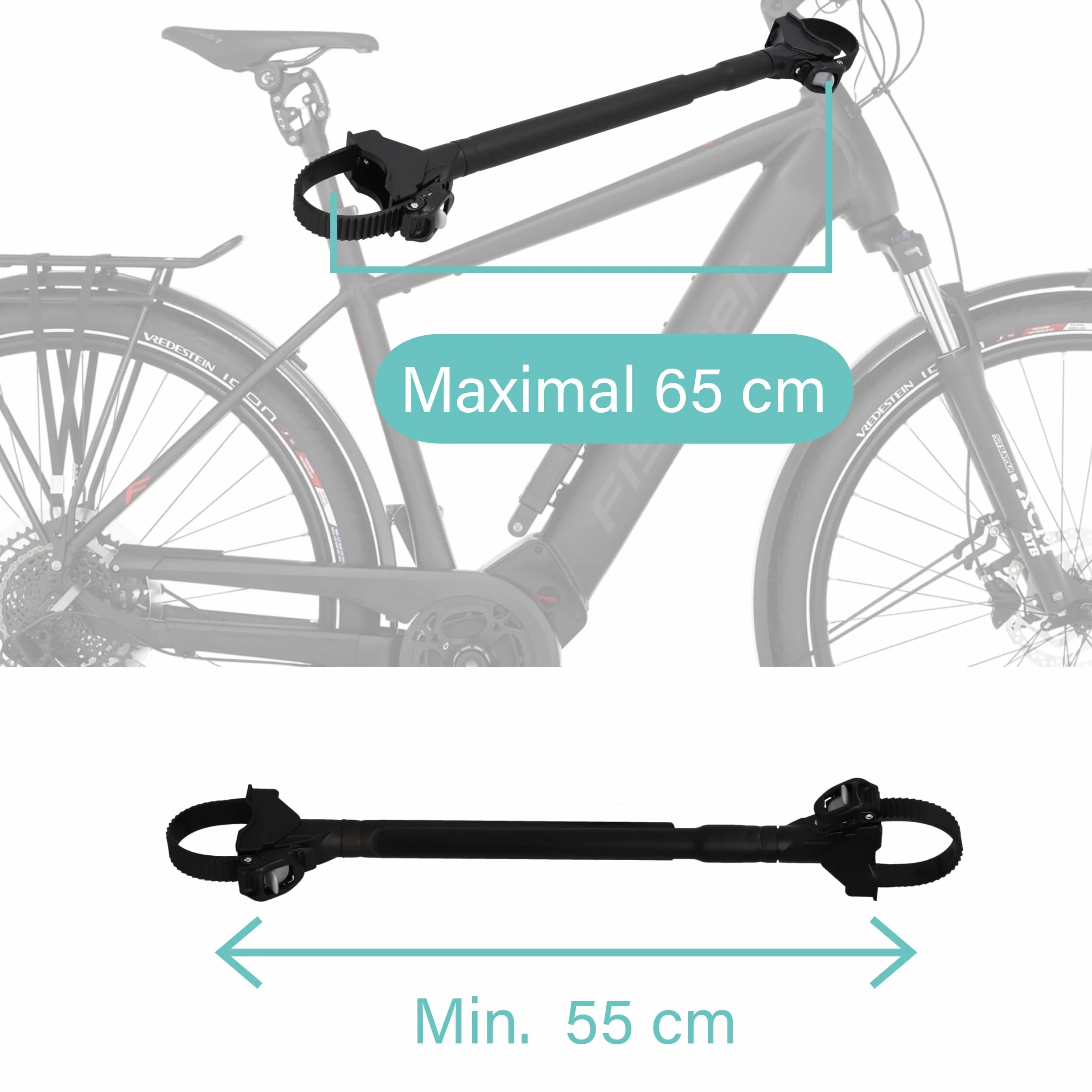 FISCHER Adattatore per telaio della bicicletta, adattatore variabile per un trasporto sicuro e pratico, adatto per tubi fino a 6 cm di diametro, distanza fino a 65 cm tra reggisella e manubrio, nero