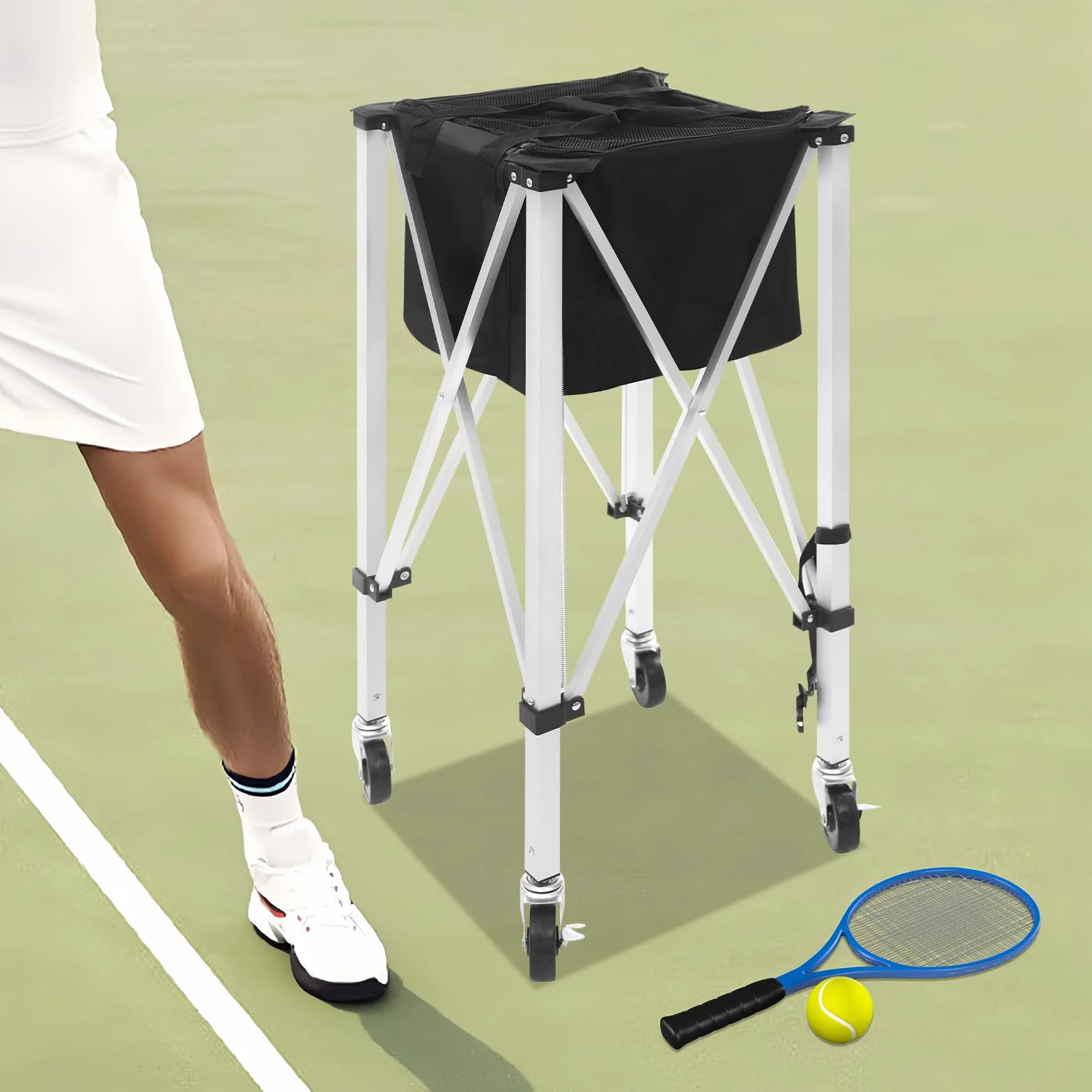 Carrello pieghevole per pallina da tennis, carrello per palline da tennis, portatile, leggero, cestino da tennis, in alluminio, fino a 20 kg, per giocatori di tennis