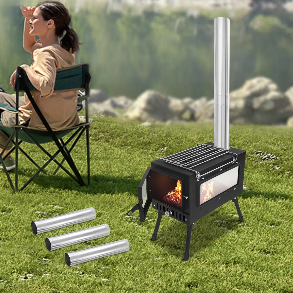 Forno a tenda da campeggio, pieghevole, a legna, portatile, con 5 tubi per canna fumaria e contenitore per raccolta cenere, per campeggio in tenda, riscaldamento all'aperto, pesca sul ghiaccio, caccia