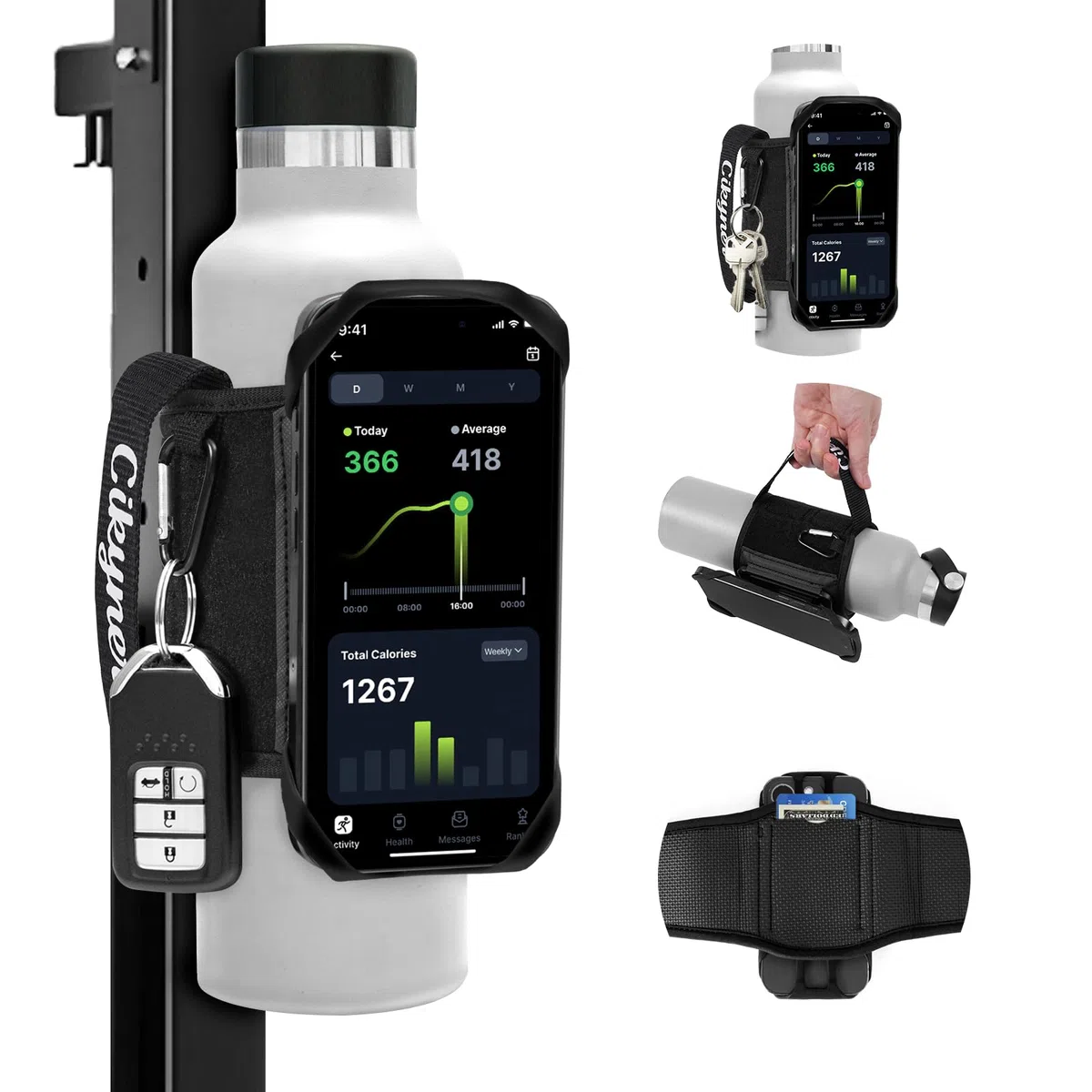 Cikyner Cinghia magnetica per Bottiglia d'acqua con Maniglia, Porta Bottiglia d'Acqua per Telefono Cellulare, Rimovibili e Girevoli a 360° per Telefono da 4,5-7'' e Bottiglie d'Acqua da Diametri 5-9cm