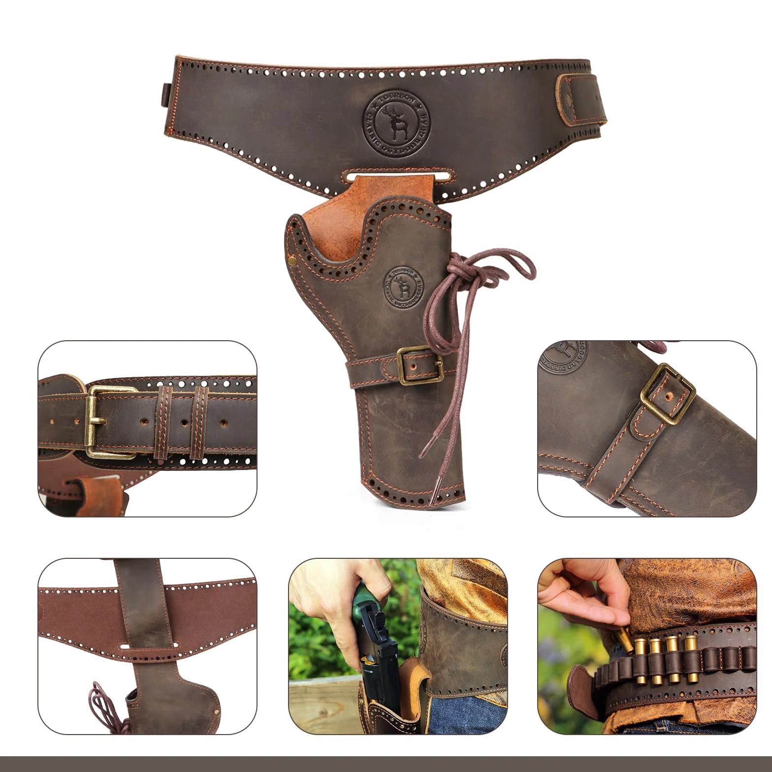 Tourbon - Fondina in vero cuoio per pistola da cowboy occidentale, per gamba, regolabile, portamunizioni, per tiratori destrimani