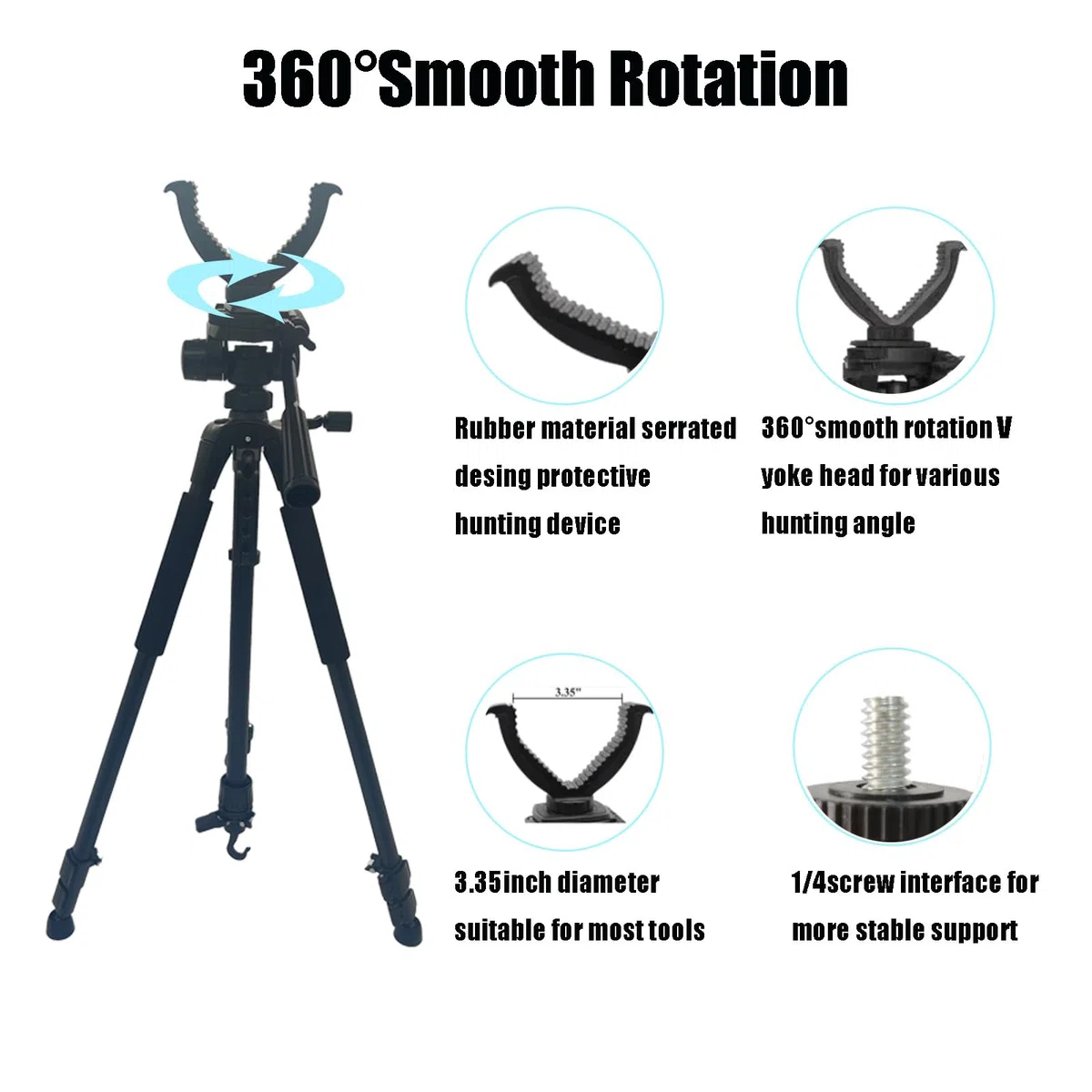 Treppiede per fucile con staffa a V girevole a 360 e adattatore per treppiede per fotocamera, telaio in alluminio, livella a bolla, gambe regolabili per caccia e attività all'aperto