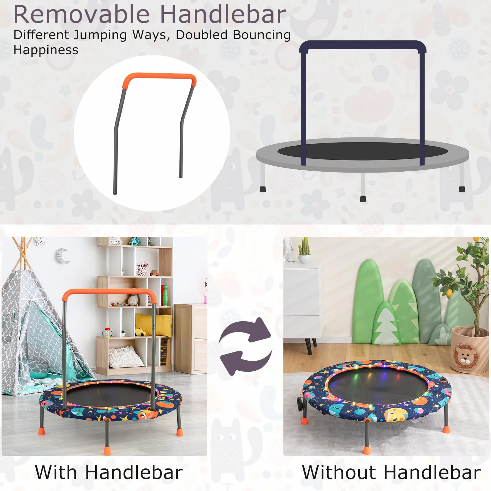 KOMFOTTEU Trampolino Elastico per Bambini dai 3 ai 6 anni, Ø 92 cm, Tappeto Elastico Bambini con Luci a LED, Mini Trampolino da Giardino con Manico e Tappetino di Sicurezza, Portata fino a 25 kg