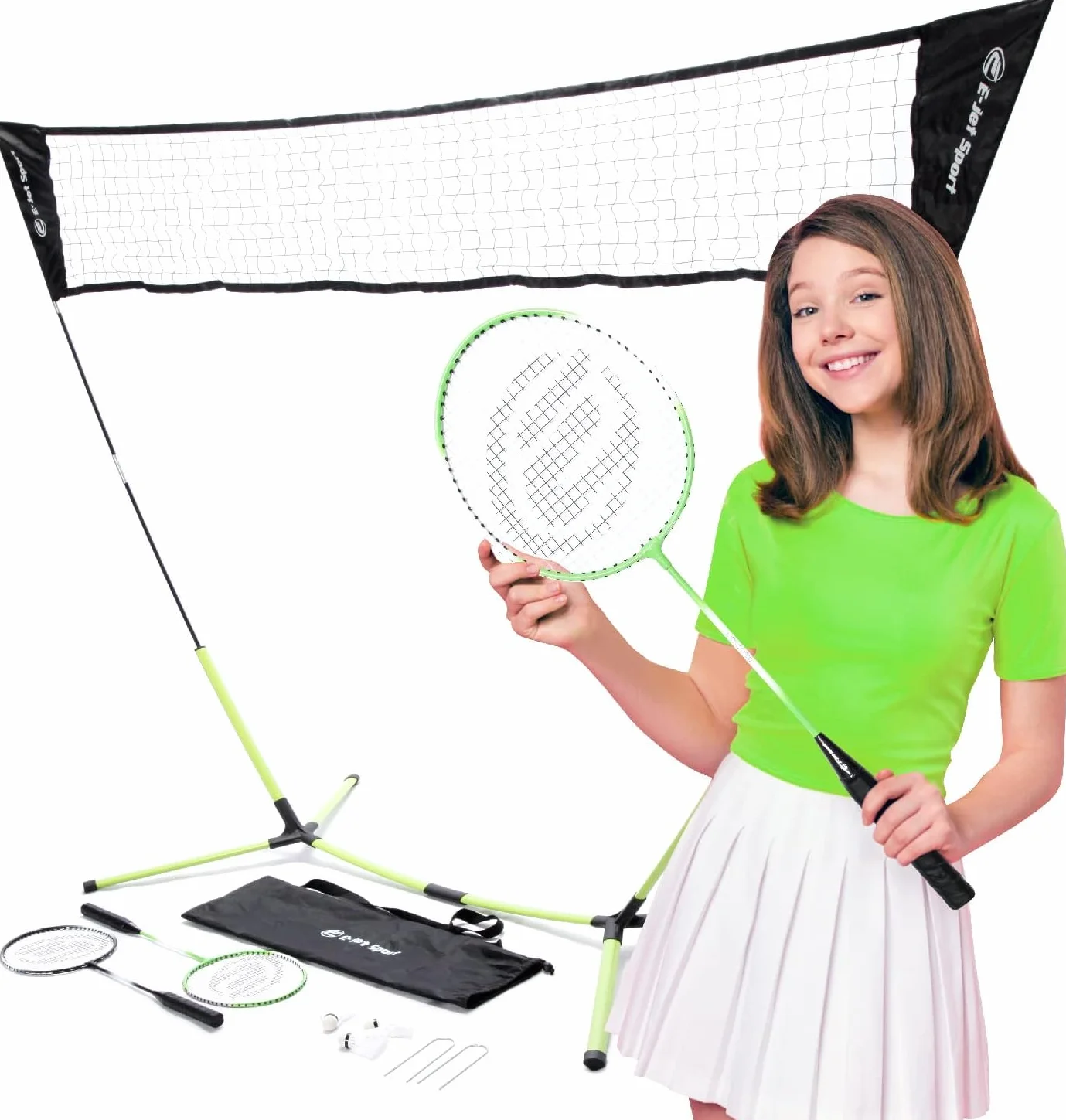 E-Jet EOB72740, Set Combinato di Racchette da Badminton e volani Unisex-Adolescente, Verde, 5.1 x 7.8Ft