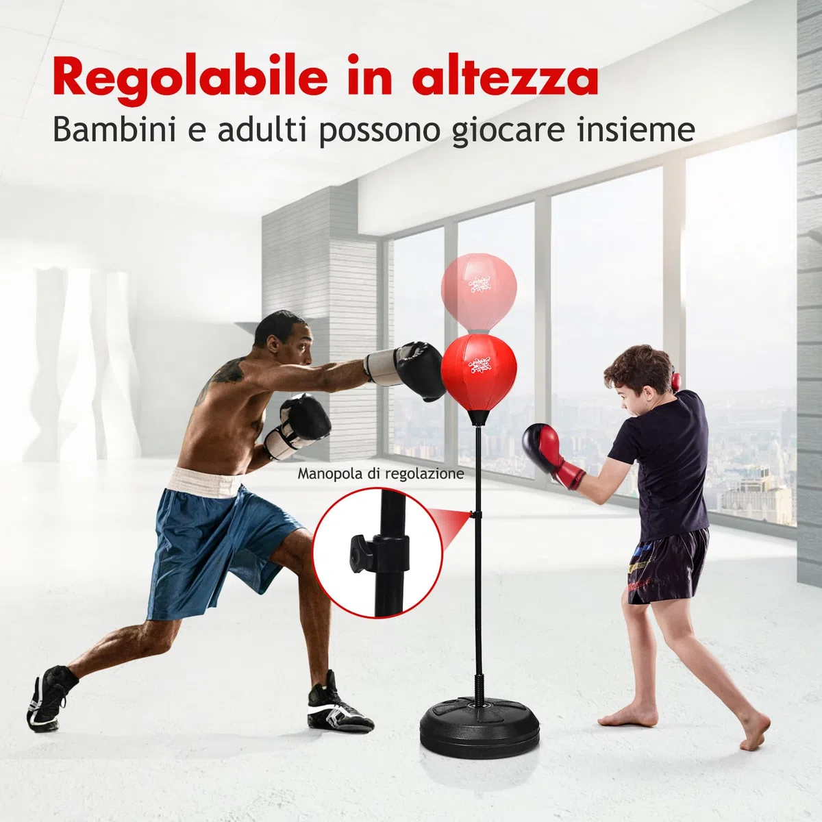 RELAX4LIFE Sacco da Boxe con Guantini per Adulti e Bambini - Punching Ball da Terra Altezza Regolabile da 120 a 154 cm, con Base Stabile Riempibile,Rosso Nero