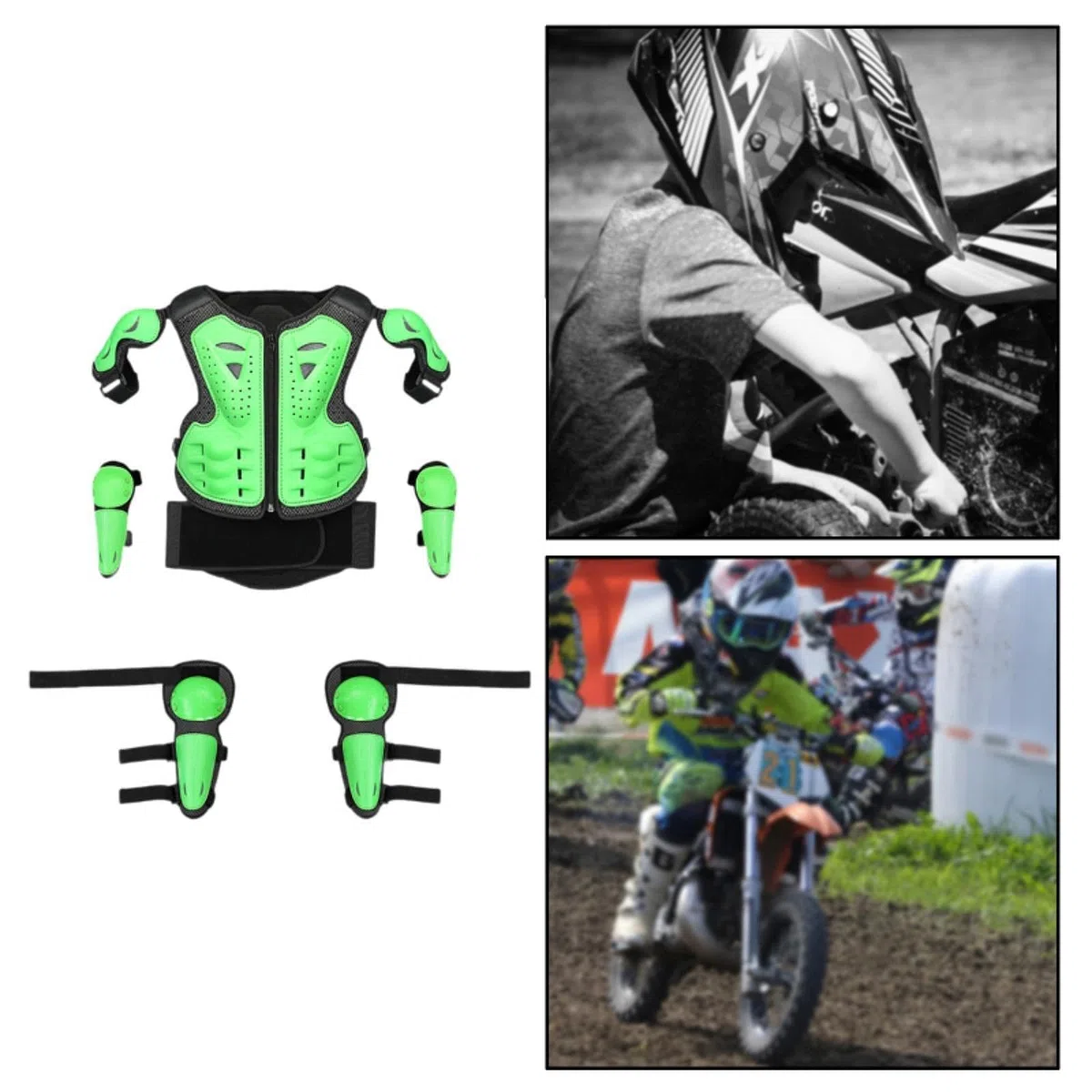Tuta per armatura da motociclista per bambini con imbottitura per protezione spalla, braccio, gomito, ginocchio, verde