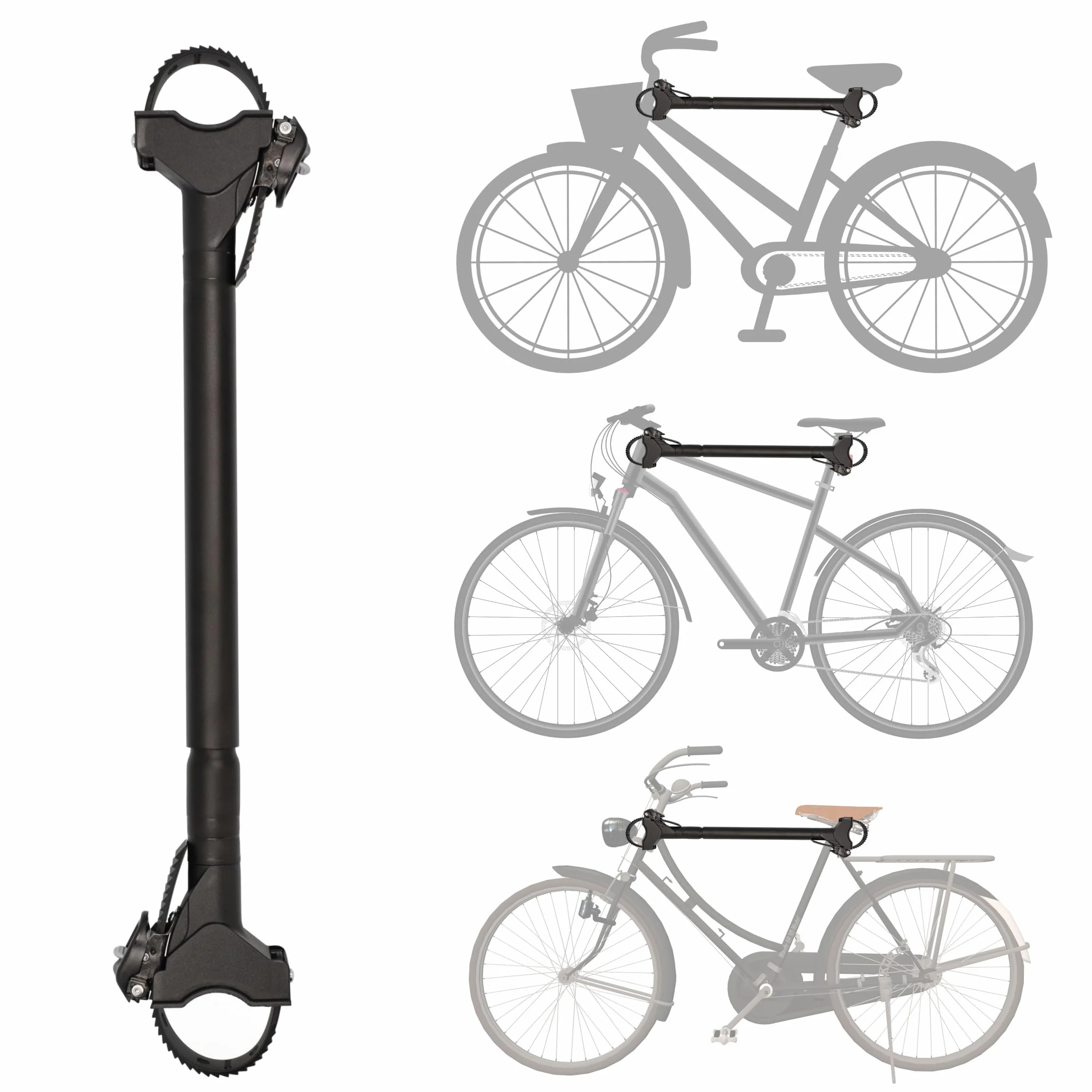 FISCHER Adattatore per telaio della bicicletta, adattatore variabile per un trasporto sicuro e pratico, adatto per tubi fino a 6 cm di diametro, distanza fino a 65 cm tra reggisella e manubrio, nero