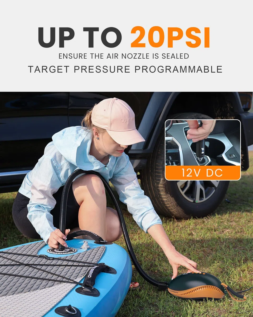 OutdoorMaster The Dolphin 20PSI Pompa Elettrica SUP ad Alta Pressione, 12V DC Connessione Pompa ad Aria, Gonfiatore Aria Rapido e Spegnimento Auto per Barche da Paddle Board Gonfiabili Sport Acquatici