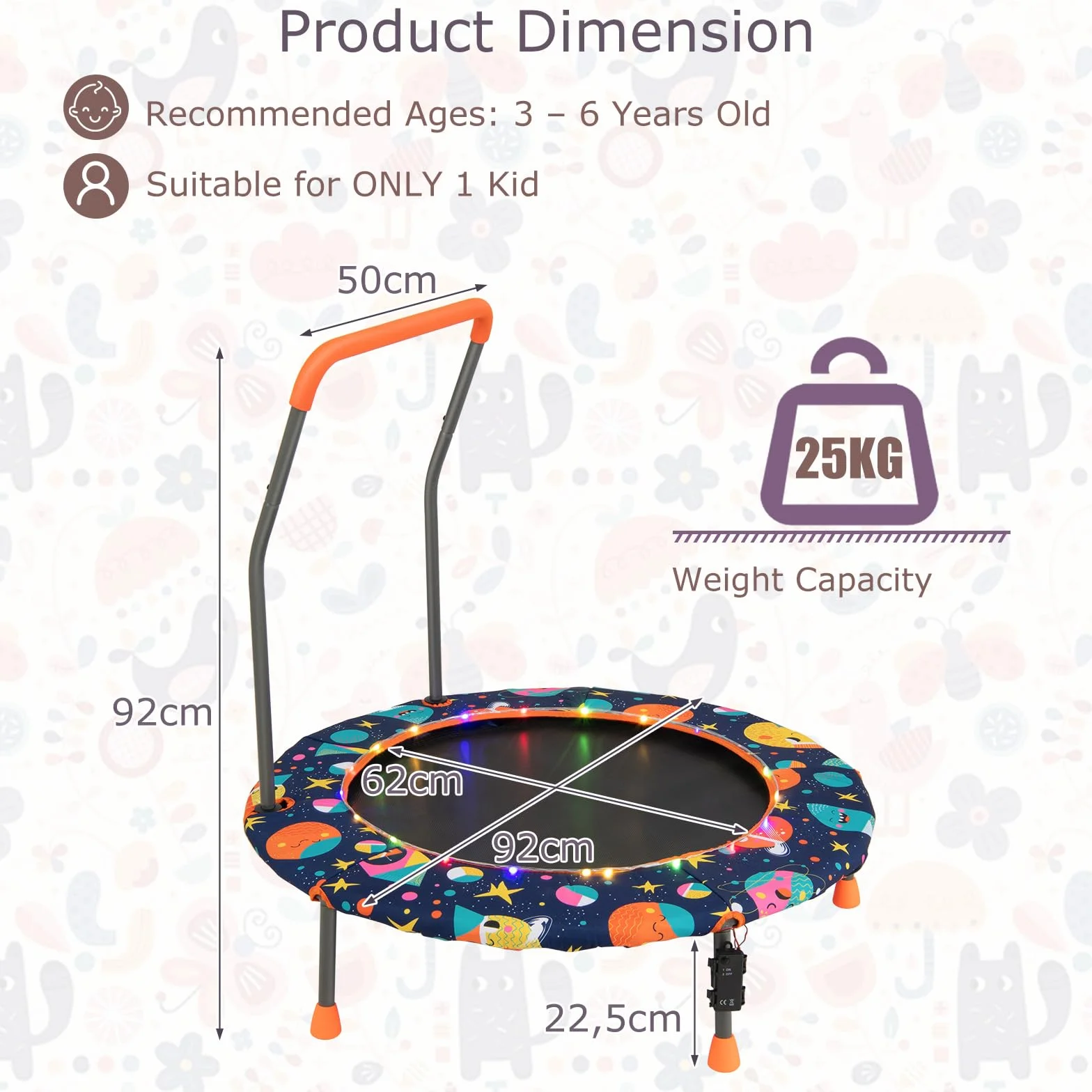 KOMFOTTEU Trampolino Elastico per Bambini dai 3 ai 6 anni, Ø 92 cm, Tappeto Elastico Bambini con Luci a LED, Mini Trampolino da Giardino con Manico e Tappetino di Sicurezza, Portata fino a 25 kg