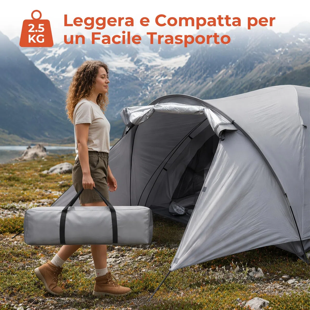Tenda da campeggio per 2-3 persone, modello a cupola con zona d'ingresso e tettoia pieghevole, impermeabile e resistente ai raggi UV, ideale per il campeggio, i festival e le vacanze