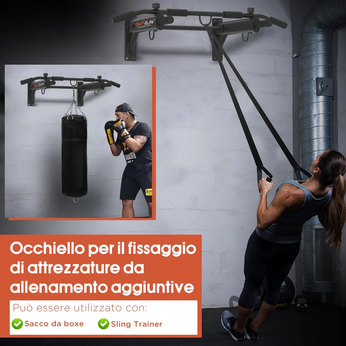 DH FitLife Sbarra Trazioni a Muro 4 in 1 con Tasselli ad Espansione, Pull-Up Bar Multifunzione per Casa, Stabile fino a 200kg | 6 Impugnature Antiscivolo | 3 Occhielli per Sacco Boxe & Sling Trainer