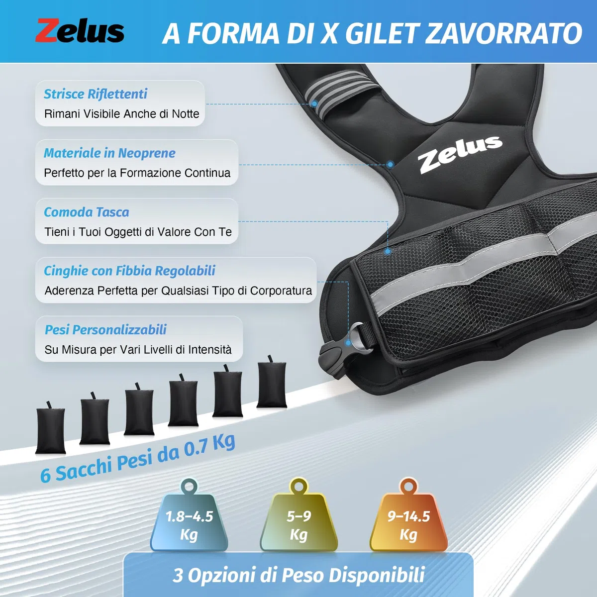 ZELUS Giubbotto Zavorrato Regolabile 5-9 kg/ 9-14,5 kg Gilet per Palestra Casa Fitness Gilet Regolabile con 6 Sacchi di Sabbia di Ferro per Allenamento Cardio e Forza e Perdita di Peso