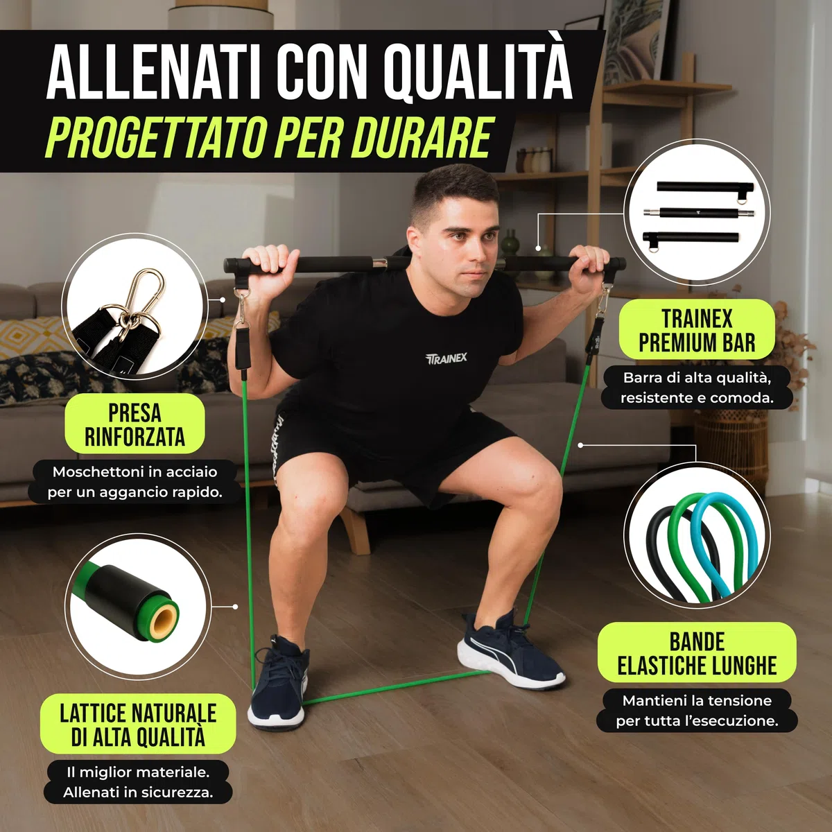 Elastici Fitness con Barra | Bande di Resistenza fino a 100 kg | Kit Allenamento a Casa Completo | Workout Efficace per Tutto il Corpo | TRAINEX