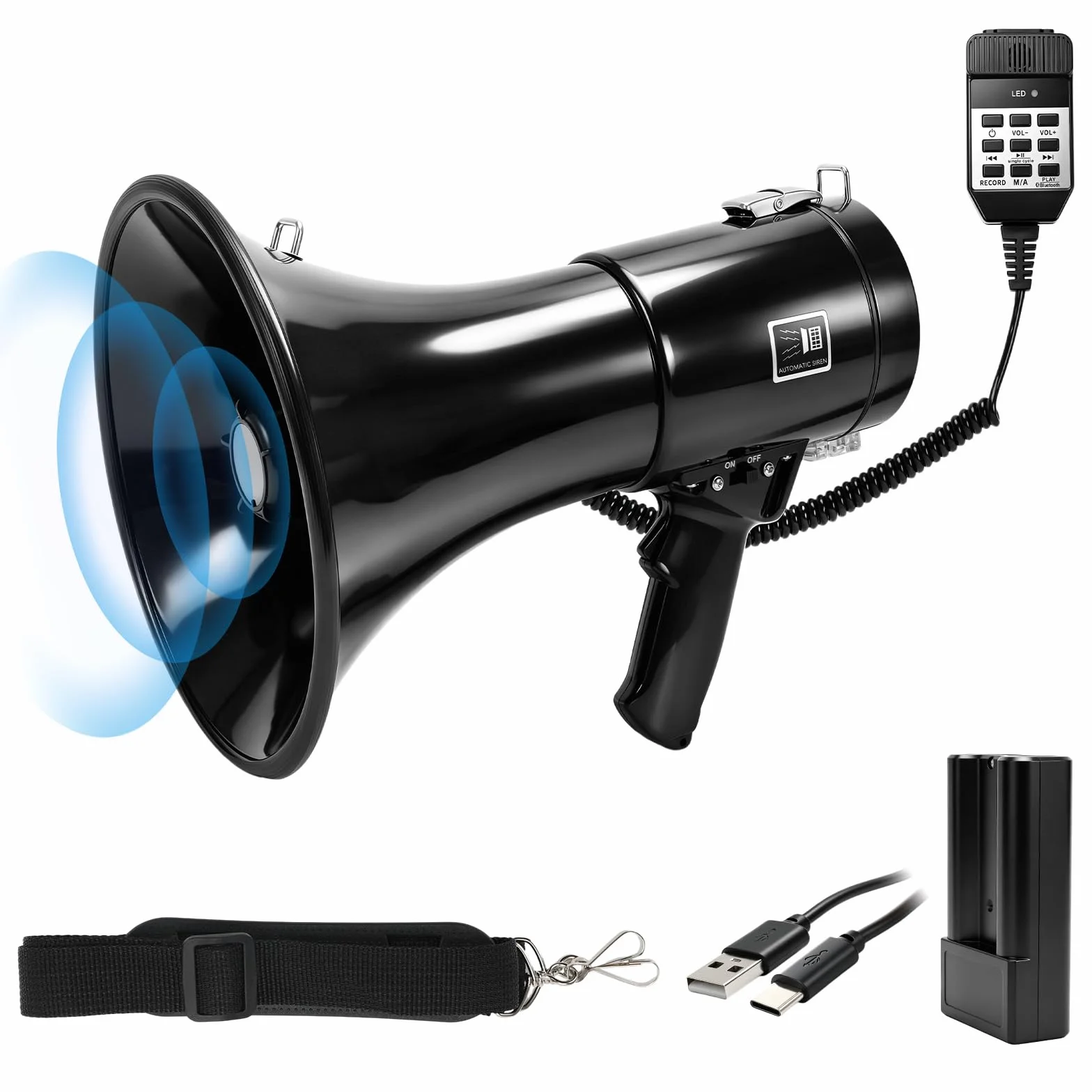 WingFly Megafono 150W, Megafono con Sirena e Microfono, Funzione di Registrazione e Bluetooth, Portata di 2000m, per Sport, Calcio, Basket, Baseball, Fans e Allenatori di Cheerleading e Sicurezza