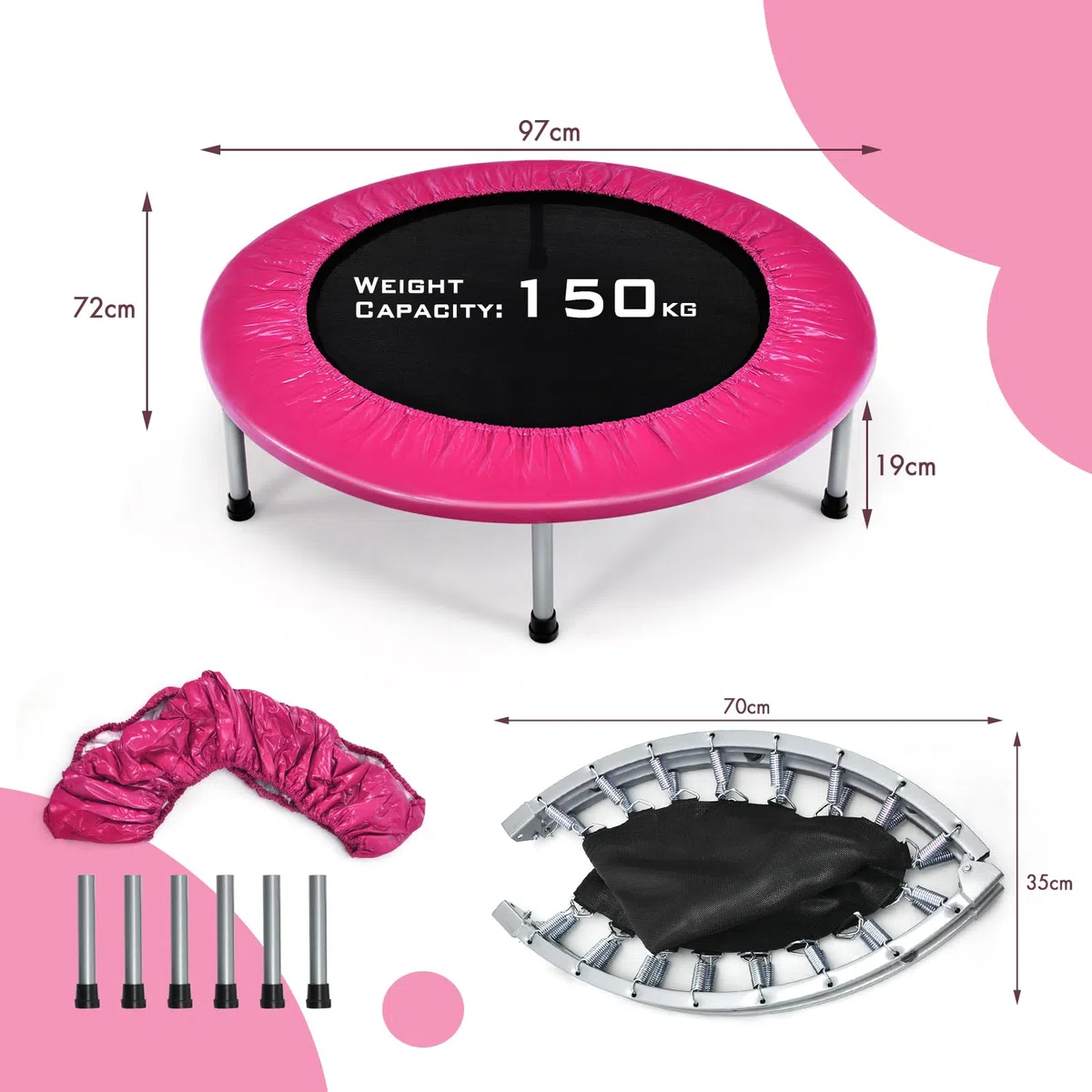 KOMFOTTEU Mini Trampolino Ø96 cm, Trampolino Elastico per Fitness Pieghevole, per Bambini con Capacità di 150 kg, con Piedini Antiscivolo, Tappeto Fitness per Allenamento Interno