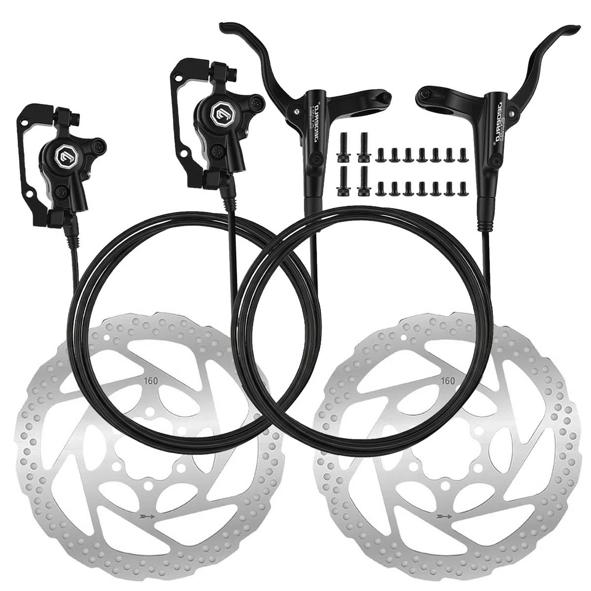 Kit Freni Idraulici per Bici, Set Freni a Disco, eBike Idraulici Bici Anteriore 800mm e Posteriore 1400mm, Doppio Pistone, Pinze in Alluminio, Rotori 160mm per MTB, eBike, BMX, Corsa