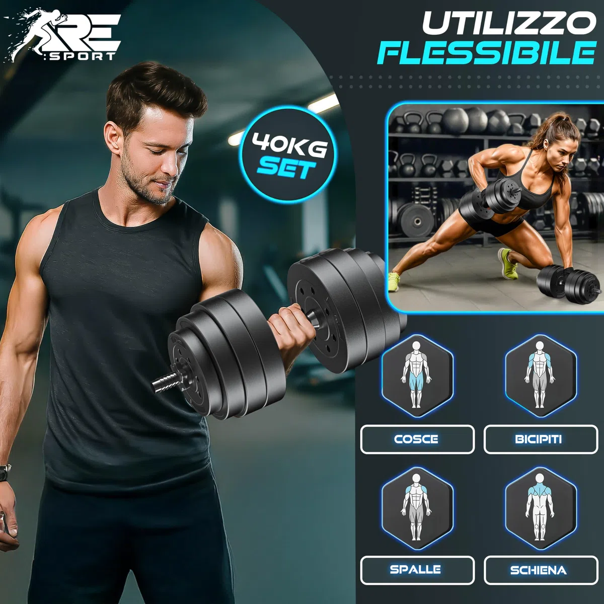 RE:SPORT Set di 2 manubri regolabili 15/20/30/40 kg | Manubri con pesi e 4 chiusure a stella | Manubri fitness per costruzione muscolare, allenamento e casa