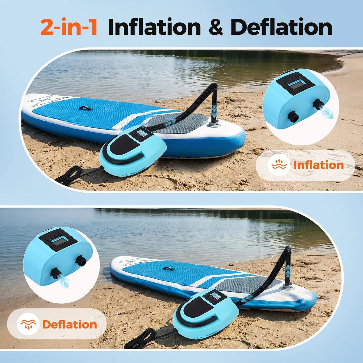 Pompa Elettrica per SUP, 12V con Spegnimento Automatico, Pressione Regolabile fino a 20 PSI e Display Digitale – Pompa ad Aria Elettrica con 7 Ugelli per Barche, Materassini, Piscine e Gommoni