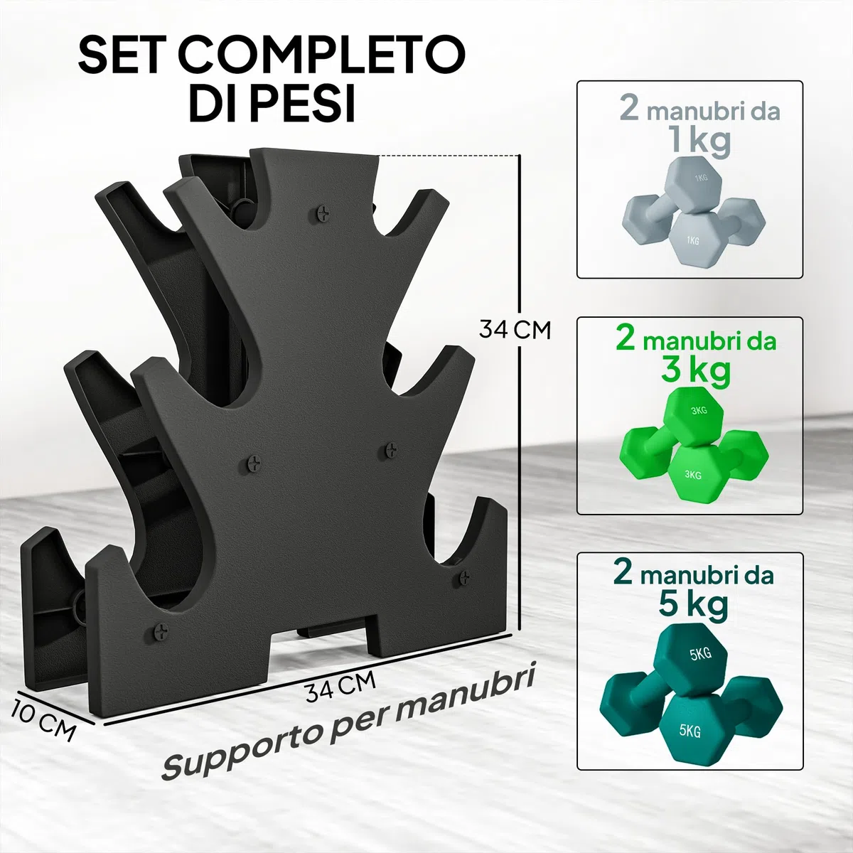 SPORTNOW Set di Manubri da Palestra con Supporto, 2x1 kg, 2x2/5 kg, 2x3 kg, Manubri per Palestra Esagonali in Metallo con Impugnatura, Allenamento Fitness Casa