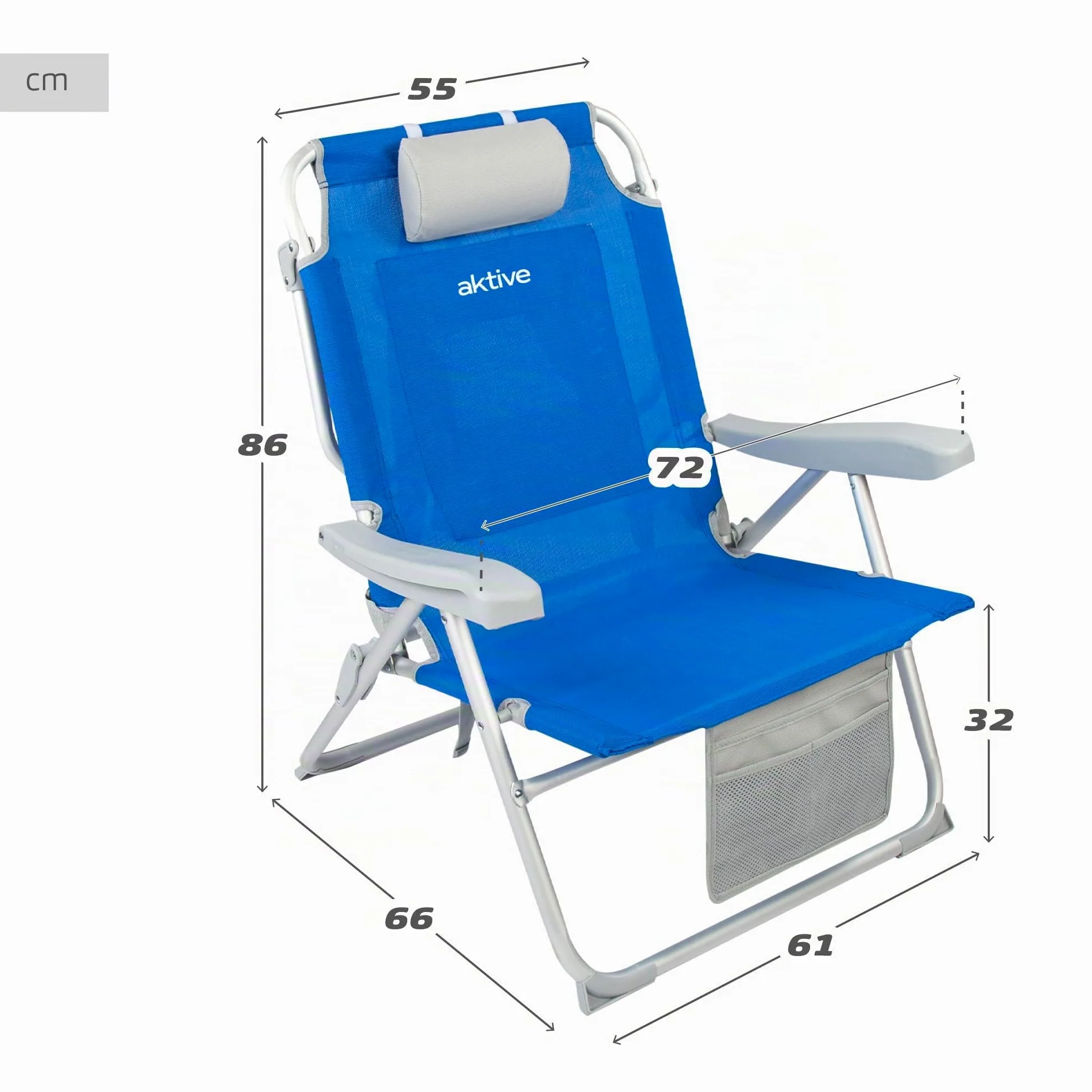 AKTIVE Sedia da spiaggia pieghevole e reclinabile con 5 posizioni, seduta e altezza XXL, portatile e pieghevole 55x66x86 cm, include cuscino, 1 tasca