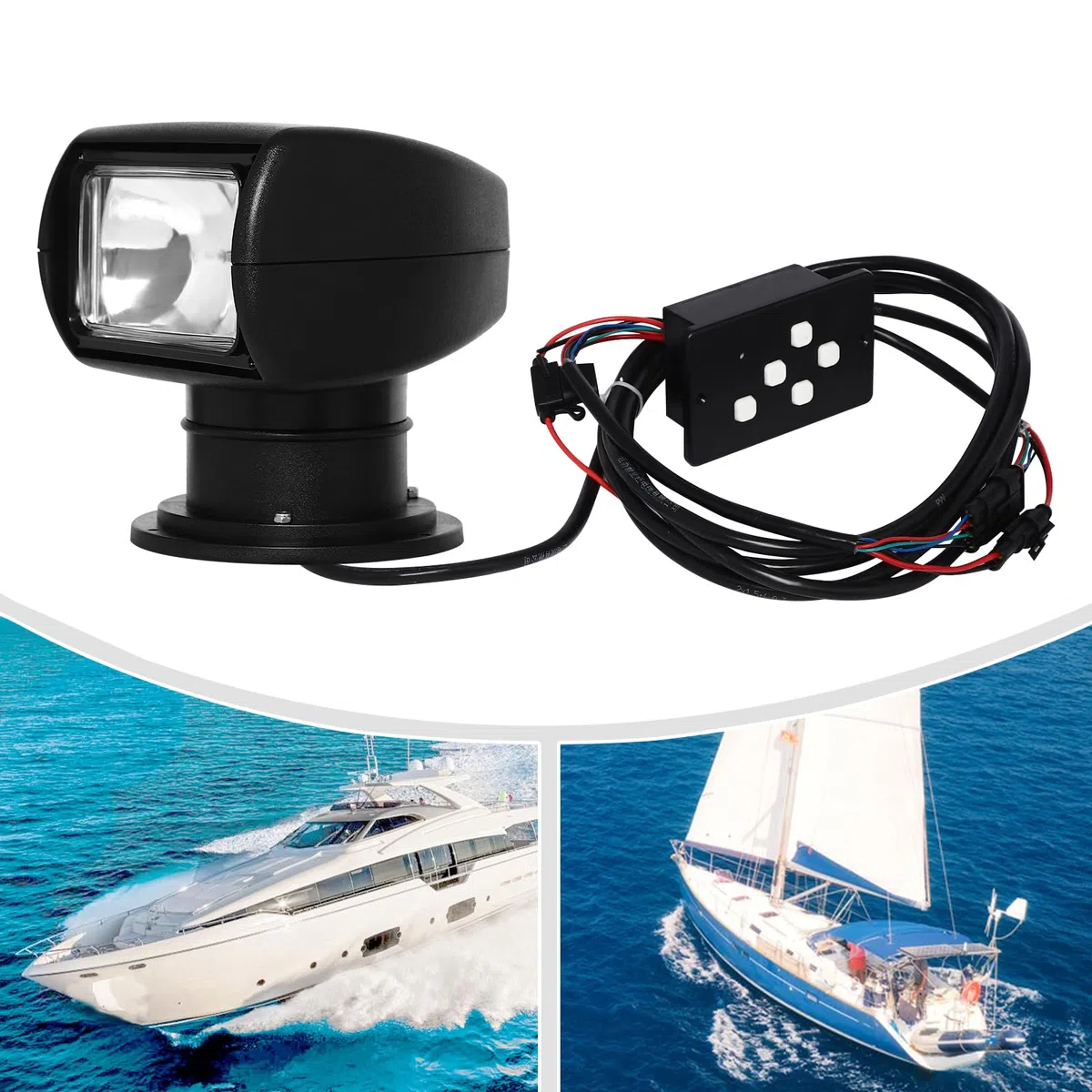 Faro di ricerca per barche, resistente alle intemperie, girevole a 360 gradi, 100 W, 12 V, per yacht, caccia, barca, auto, fuoristrada, guardia costiera (nero)