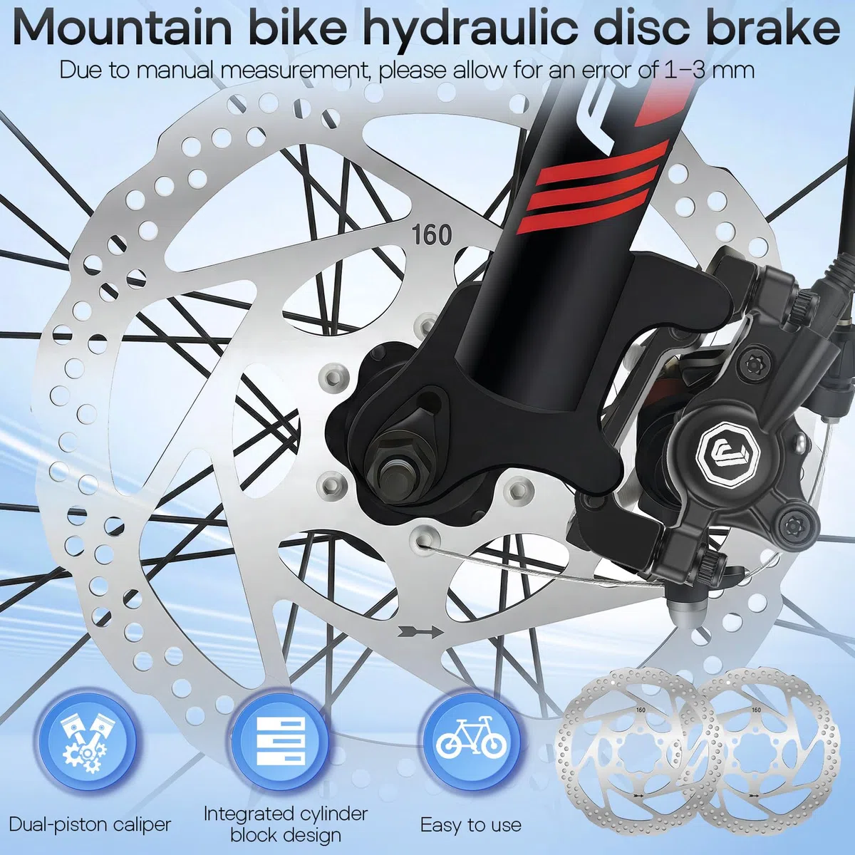 Kit Freni Idraulici per Bici, Set Freni a Disco, eBike Idraulici Bici Anteriore 800mm e Posteriore 1400mm, Doppio Pistone, Pinze in Alluminio, Rotori 160mm per MTB, eBike, BMX, Corsa