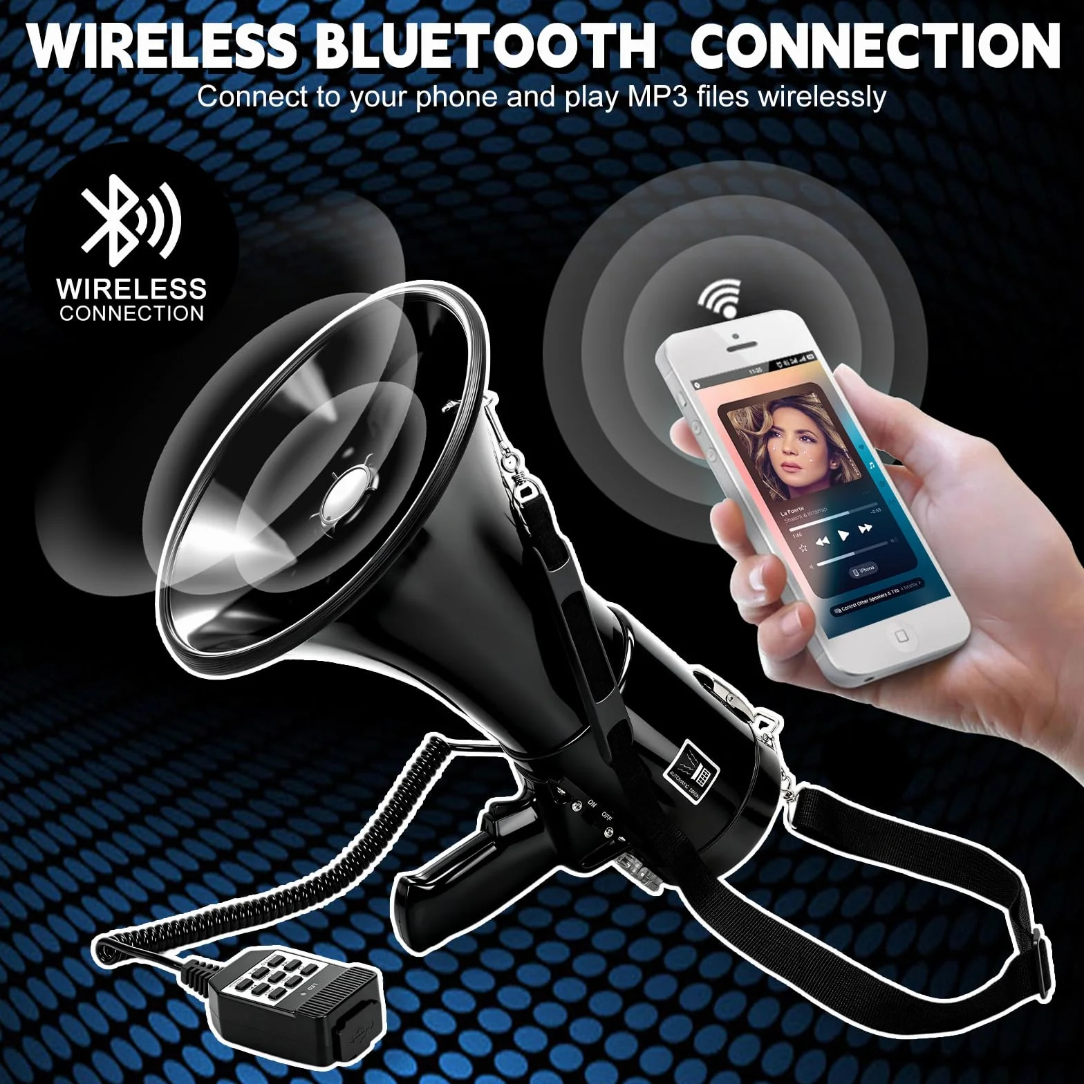 WingFly Megafono 150W, Megafono con Sirena e Microfono, Funzione di Registrazione e Bluetooth, Portata di 2000m, per Sport, Calcio, Basket, Baseball, Fans e Allenatori di Cheerleading e Sicurezza