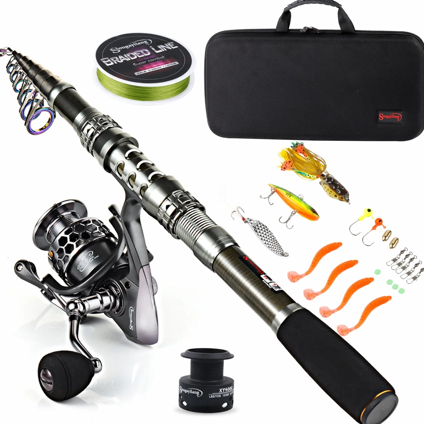 Sougayilang - Canna da pesca telescopica e mulinello in fibra di carbonio e accessori per viaggi in oceano e pesca d' acqua dolce e salata