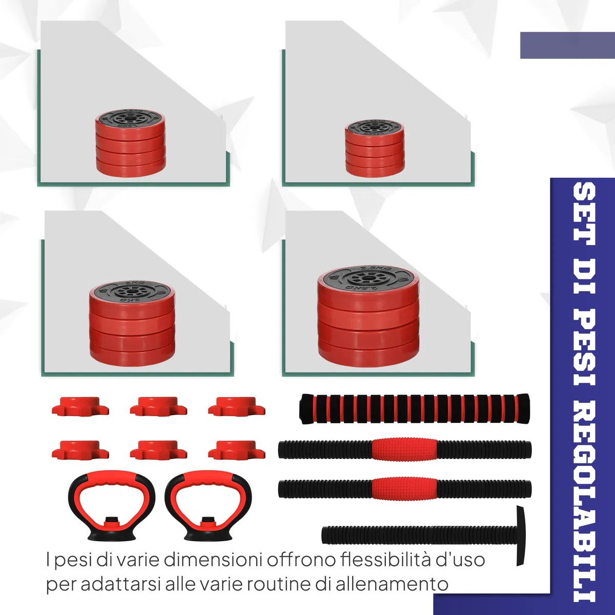 SPORTNOW Set Pesi da Palestra 4 in 1 da 20/30/40kg Totali in Plastica e Sabbia, Set Manubri Regolabili Utilizzabile come Kettlebell, 2 Manubri, Bilanciere e Supporto per Flessioni