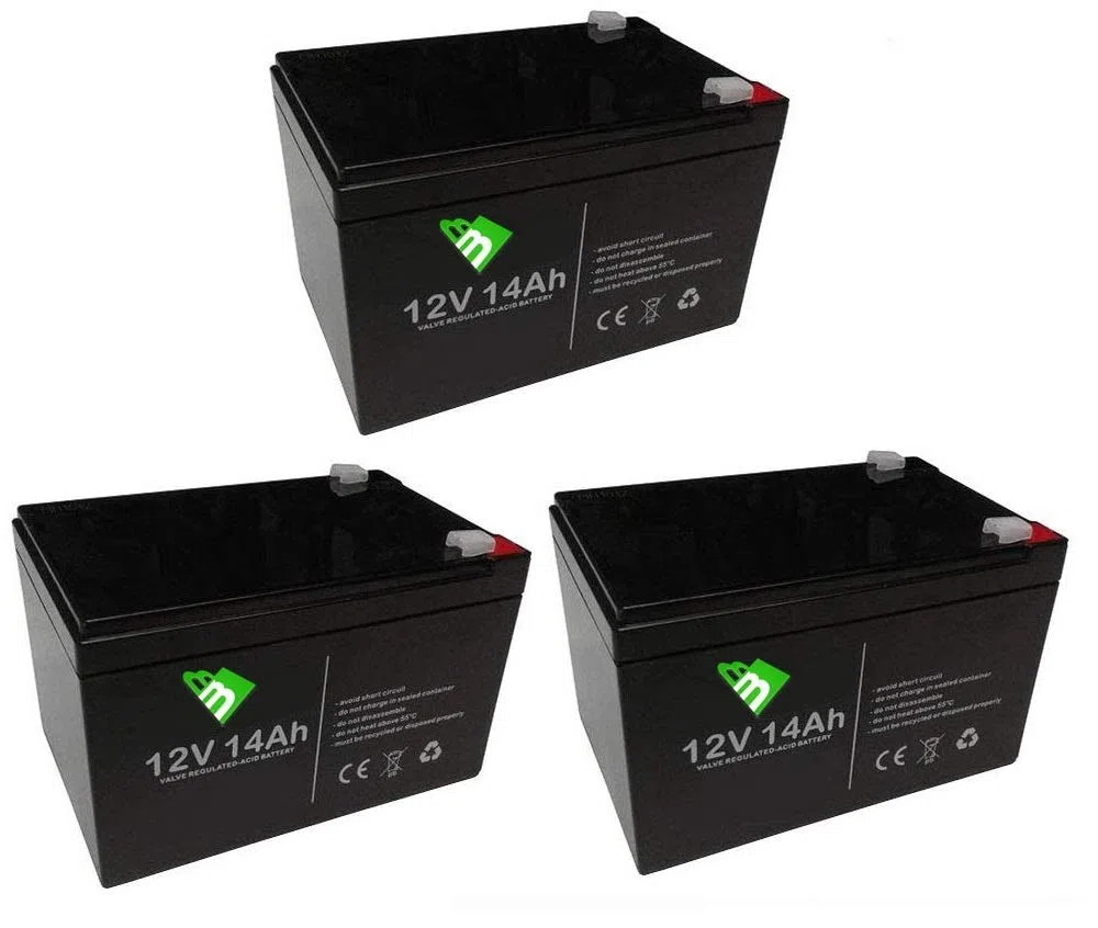 KIT 3 BATTERIE AL PIOMBO RICARICABILE 12V 36V 14AH CICLICA BATTERIA USO CICLICO PER BICI BICICLETTE ELETTRICHE MONOPATTINI QUAD ELETTRICI CONNETTORI VITE OCCHIELLO FORCELLA DEEP CYCLE 6-DZM-14 6DZM14
