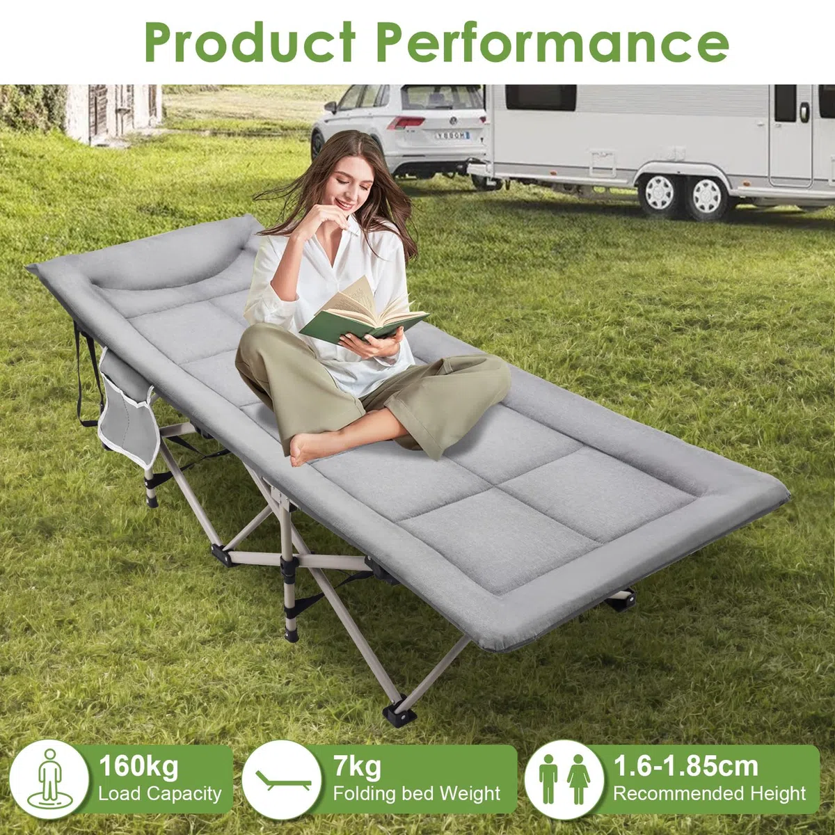Letto da campeggio pieghevole, pieghevole, 190 x 68 x 40 cm, portata fino a 160 kg, tessuto Oxford 2400D con tasca laterale, borsa per il trasporto per interni, esterni, spiaggia e giardino