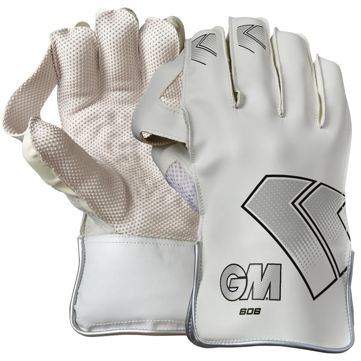 Gunn & Moore GM Cricket Wicket Keeper Keeping Gloves | 606 | PU Lining & Pimple Rubber Palm | PU Faux Leather Back of Hand | 1 Pair | White & Black with GM Logo