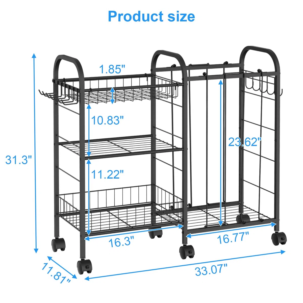 Carrello portaoggetti per palline, con 6 ruote, elastico, cestino rimovibile, gancio, scaffalatura per attrezzature sportive per garage, cameretta dei bambini, cortile, scuola, interni ed esterni