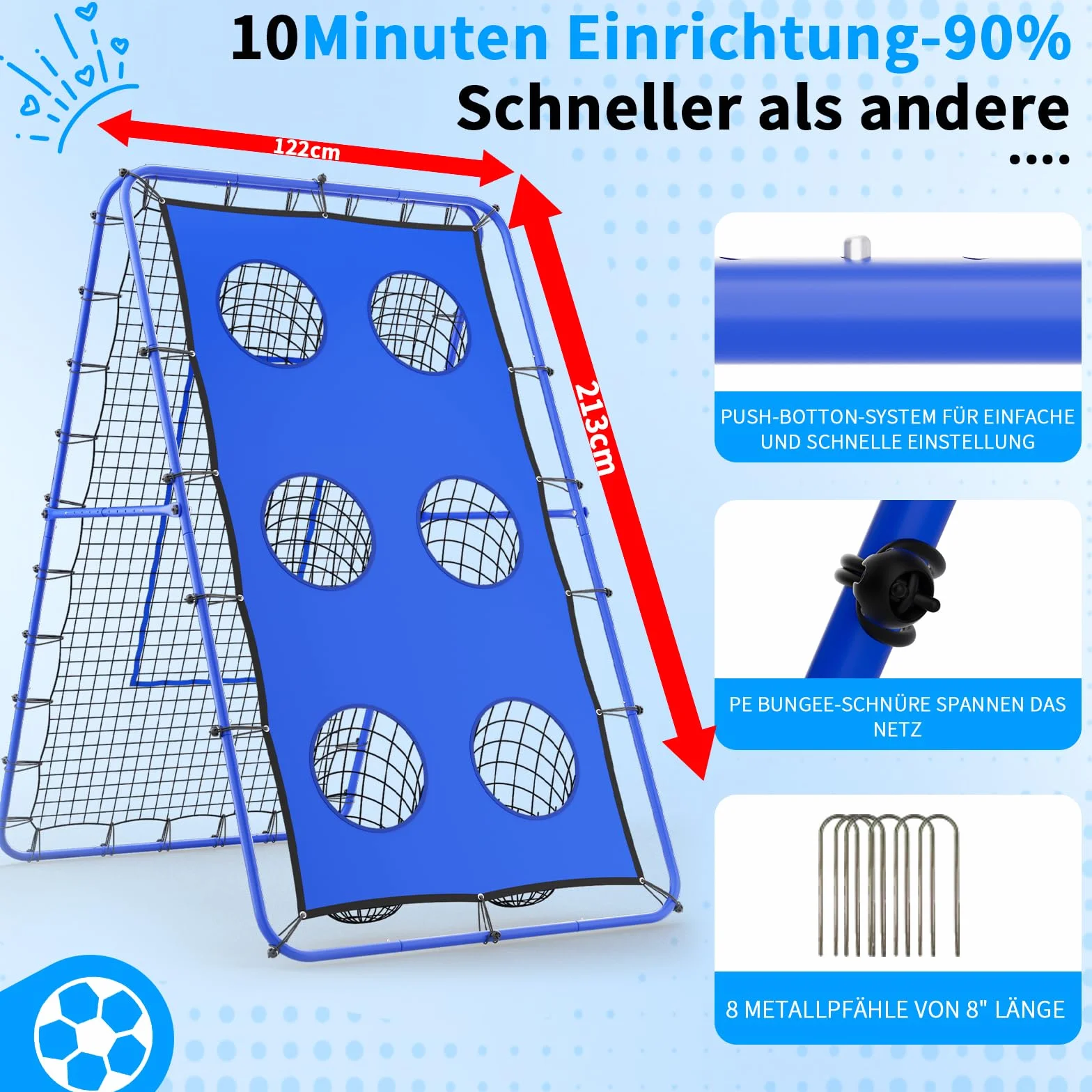 Rebounder per pallavolo 2,1 x 1,2 m - Multi angolo regolabile, dispositivo di addestramento, rete di rimbalzo con pali in metallo stabili, rimbalzo per calcio, pallavolo, pallacanestro