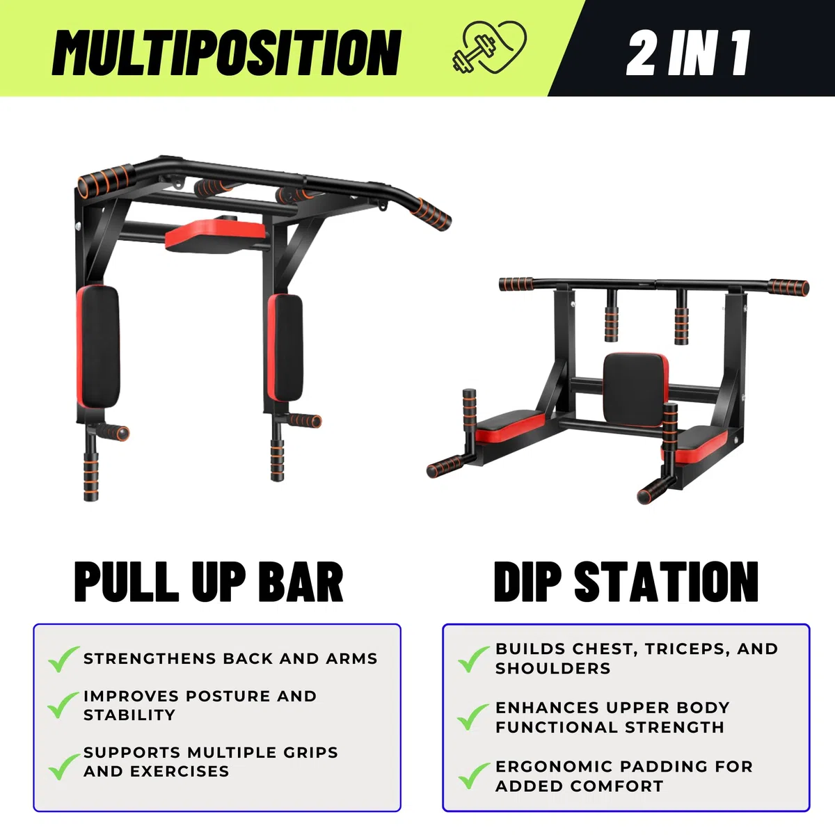 Barra Multifunzione per Trazioni da Fissare al Muro. Barra per Chin Up. Attrezzatura per l'allenamento in Palestra con Supporto Multi-presa, Supporta Fino a 200 kg.