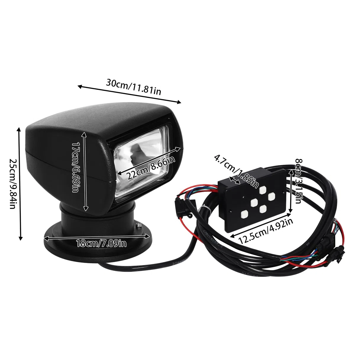 Faro di ricerca per barche, resistente alle intemperie, girevole a 360 gradi, 100 W, 12 V, per yacht, caccia, barca, auto, fuoristrada, guardia costiera (nero)