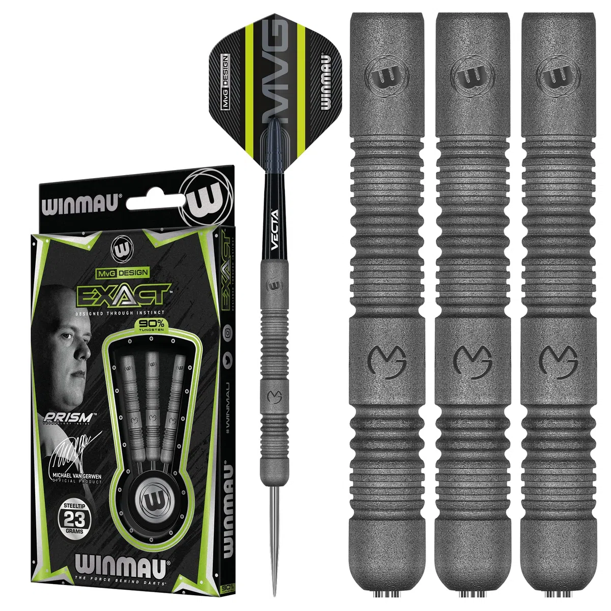 WINMAU Set di Freccette Michael Van Gerwen MvG Exact Steeltip – Include Alette e steli, Disponibili in 21,5 g, 23 g, 24 g e 25 g, Set di Freccette Professionali al 90% in tungsteno