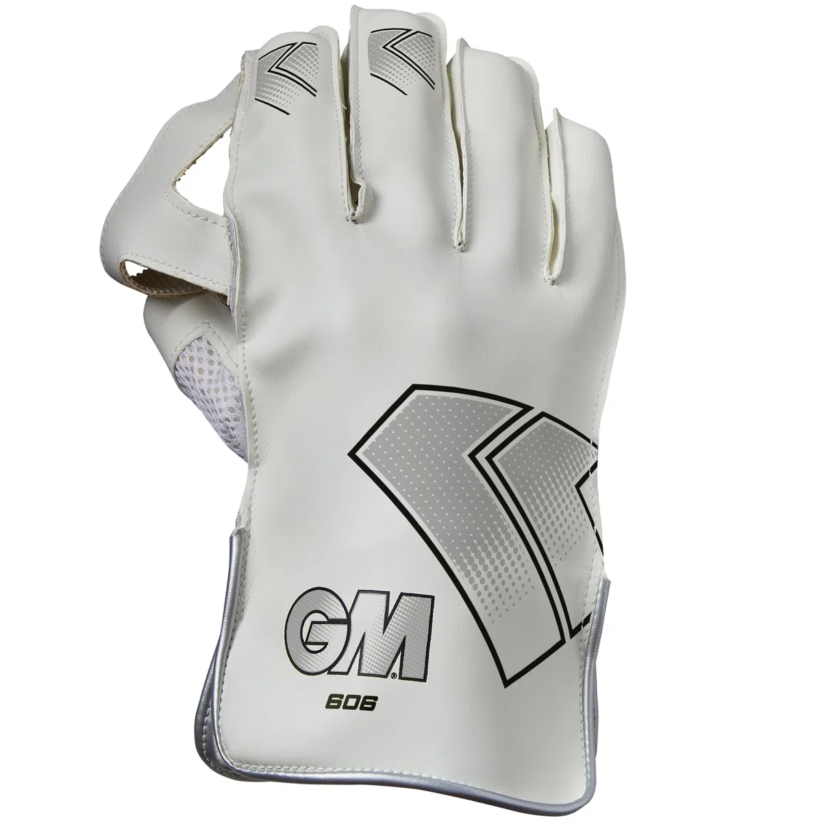 Gunn & Moore GM Cricket Wicket Keeper Keeping Gloves | 606 | PU Lining & Pimple Rubber Palm | PU Faux Leather Back of Hand | 1 Pair | White & Black with GM Logo