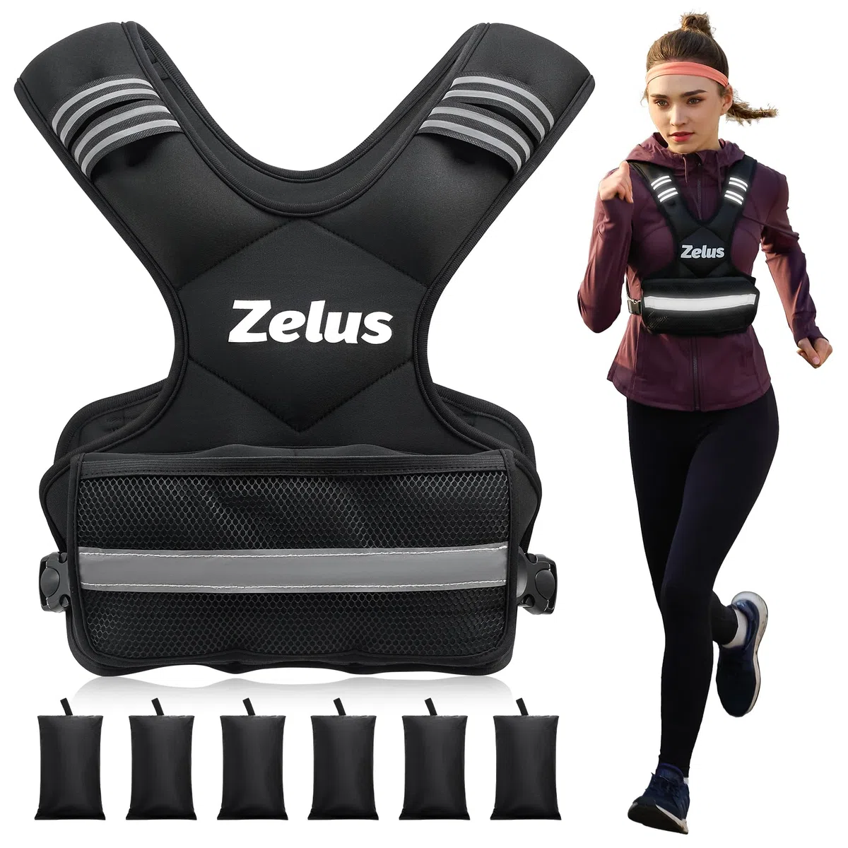ZELUS Giubbotto Zavorrato Regolabile 5-9 kg/ 9-14,5 kg Gilet per Palestra Casa Fitness Gilet Regolabile con 6 Sacchi di Sabbia di Ferro per Allenamento Cardio e Forza e Perdita di Peso