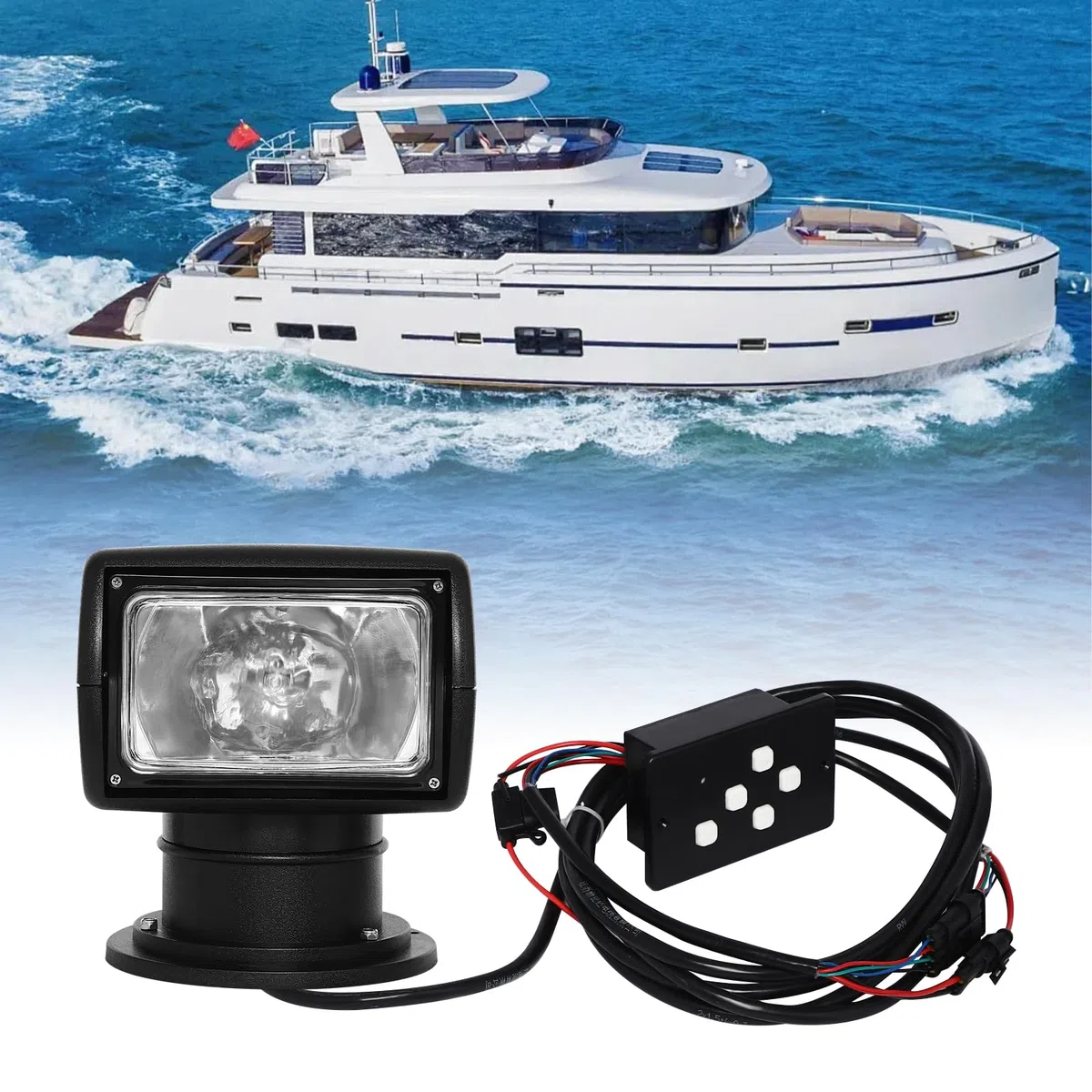 Faro di ricerca per barche, resistente alle intemperie, girevole a 360 gradi, 100 W, 12 V, per yacht, caccia, barca, auto, fuoristrada, guardia costiera (nero)