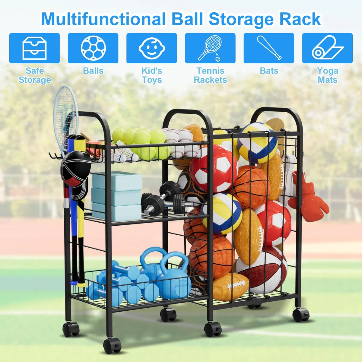 Carrello portaoggetti per palline, con 6 ruote, elastico, cestino rimovibile, gancio, scaffalatura per attrezzature sportive per garage, cameretta dei bambini, cortile, scuola, interni ed esterni