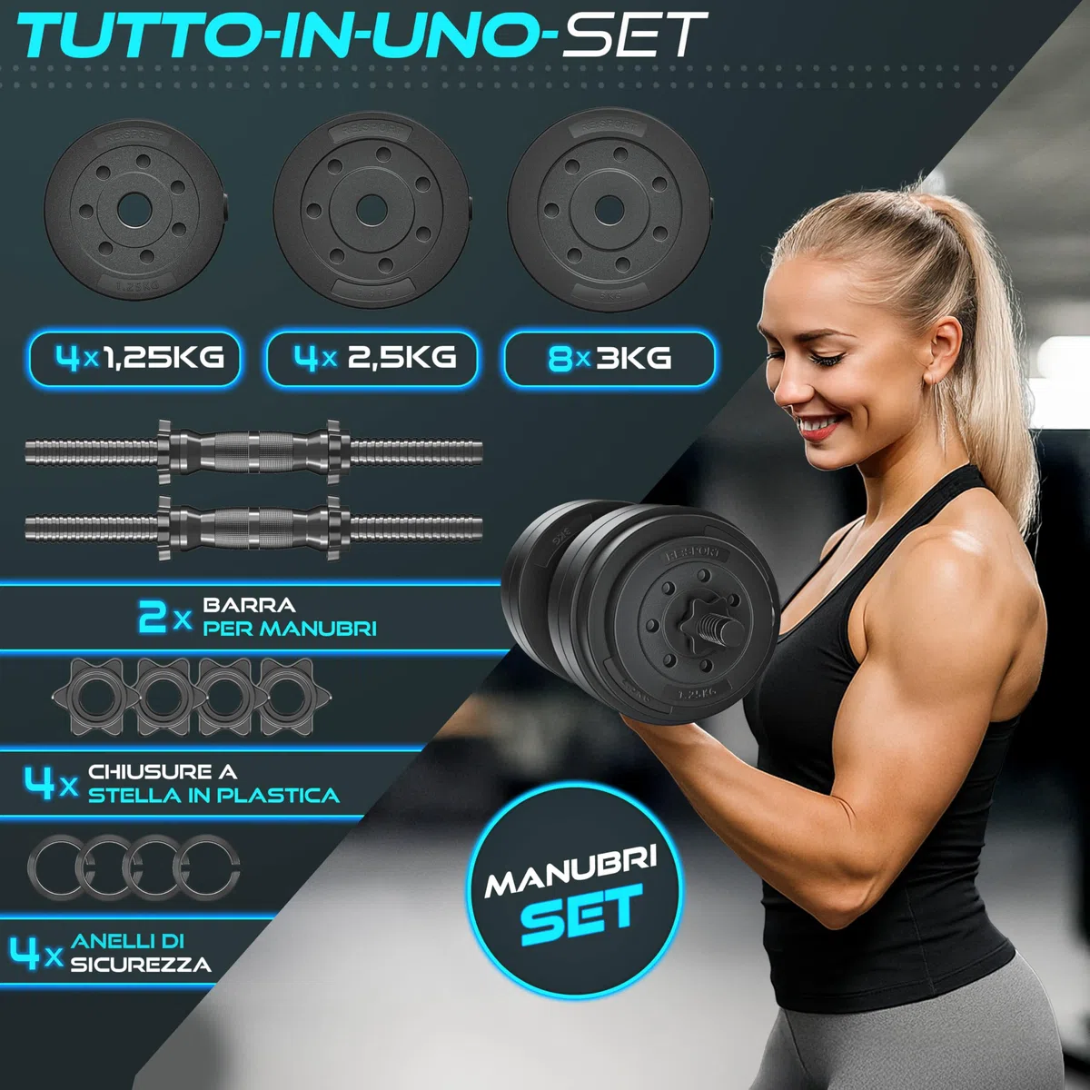 RE:SPORT Set di 2 manubri regolabili 15/20/30/40 kg | Manubri con pesi e 4 chiusure a stella | Manubri fitness per costruzione muscolare, allenamento e casa