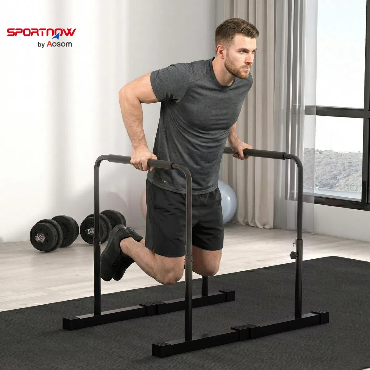 SPORTNOW Set 2 Barre per Dip Regolabile su 4 Altezze con Maniglie Antiscivolo, Push Up Bar in Acciaio, 70x50x80-105 cm, Nero