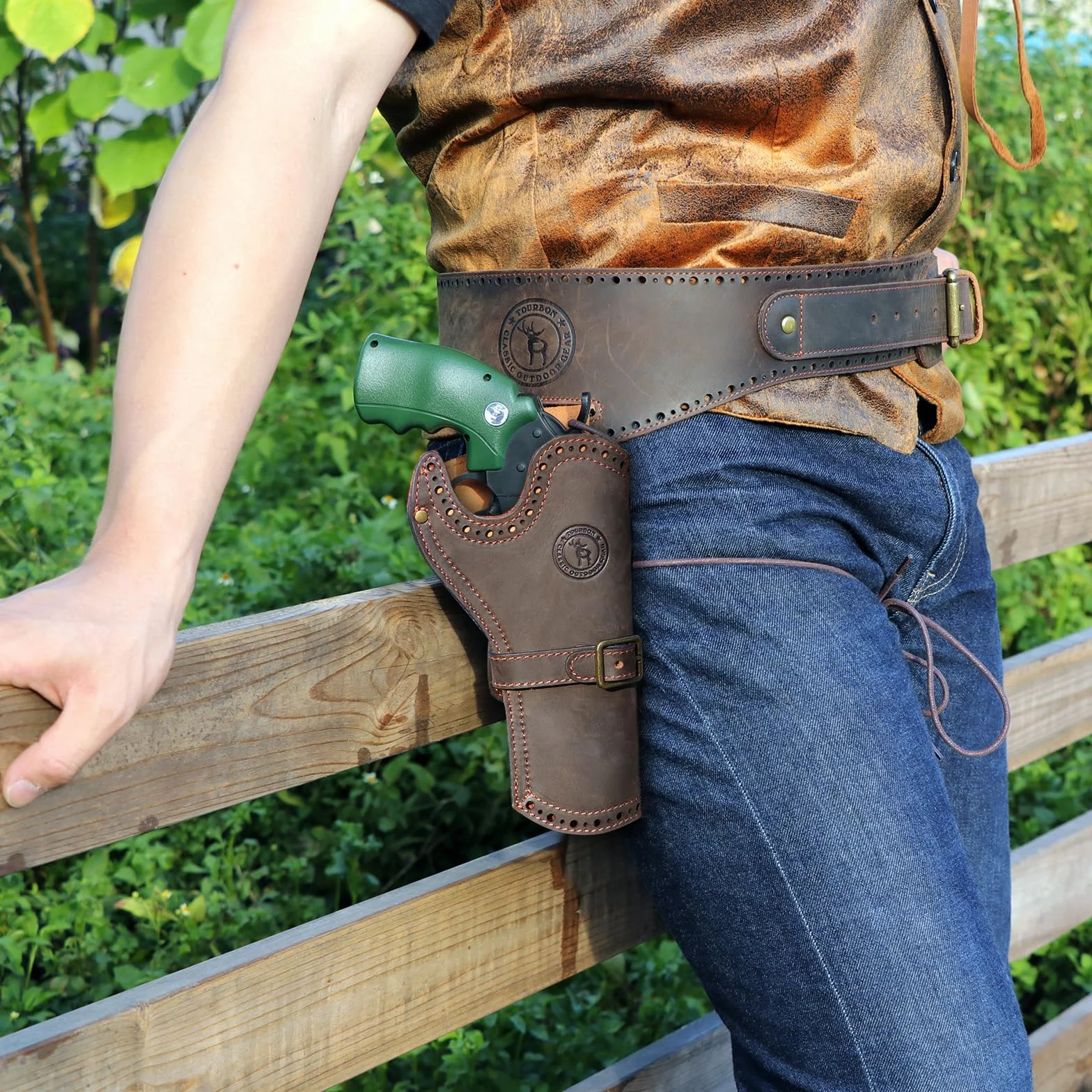 Tourbon - Fondina in vero cuoio per pistola da cowboy occidentale, per gamba, regolabile, portamunizioni, per tiratori destrimani