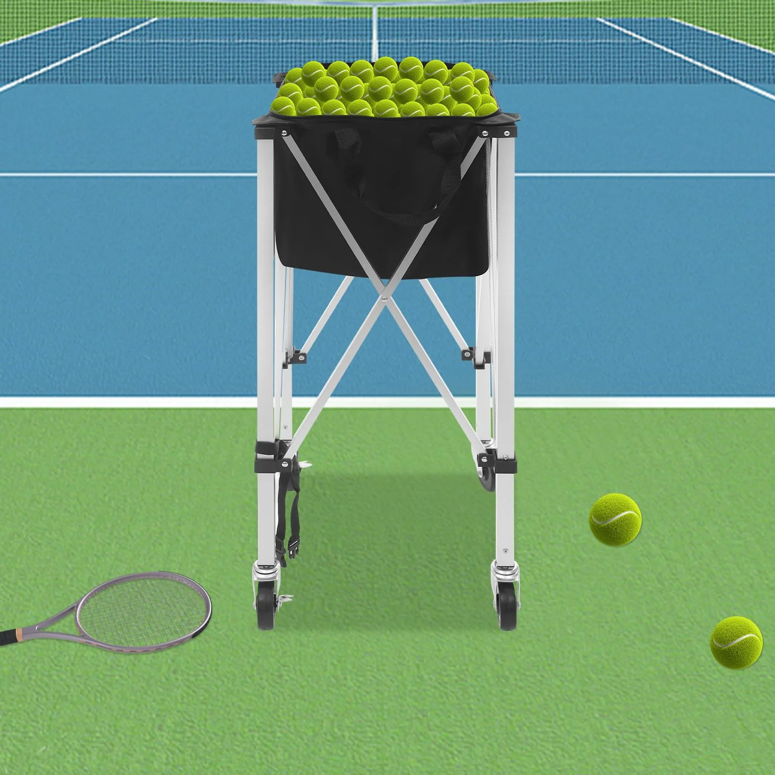 Carrello pieghevole per pallina da tennis, carrello per palline da tennis, portatile, leggero, cestino da tennis, in alluminio, fino a 20 kg, per giocatori di tennis